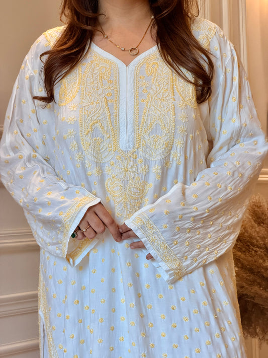 Hand Embroidered Chikankari Kurta  | Mul Chanderi | white with Yellow | Plus Size