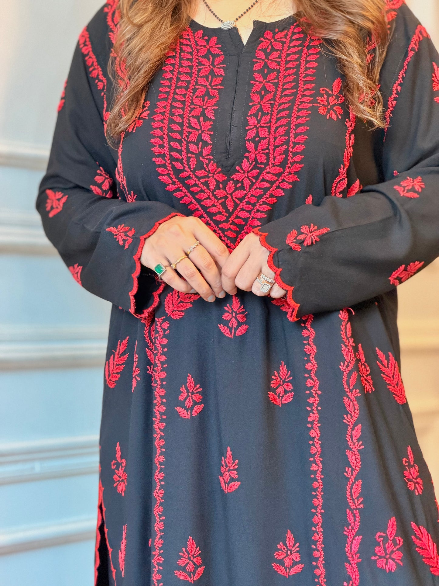 Hand Embroidered Chikankari Kurta set | Modal  | Black with Red