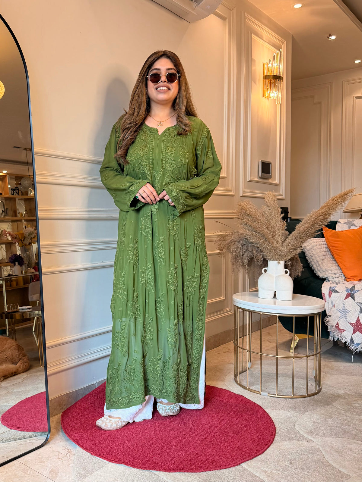 Hand Embroidered 3DChikankari Kurta  | Viscose | Green