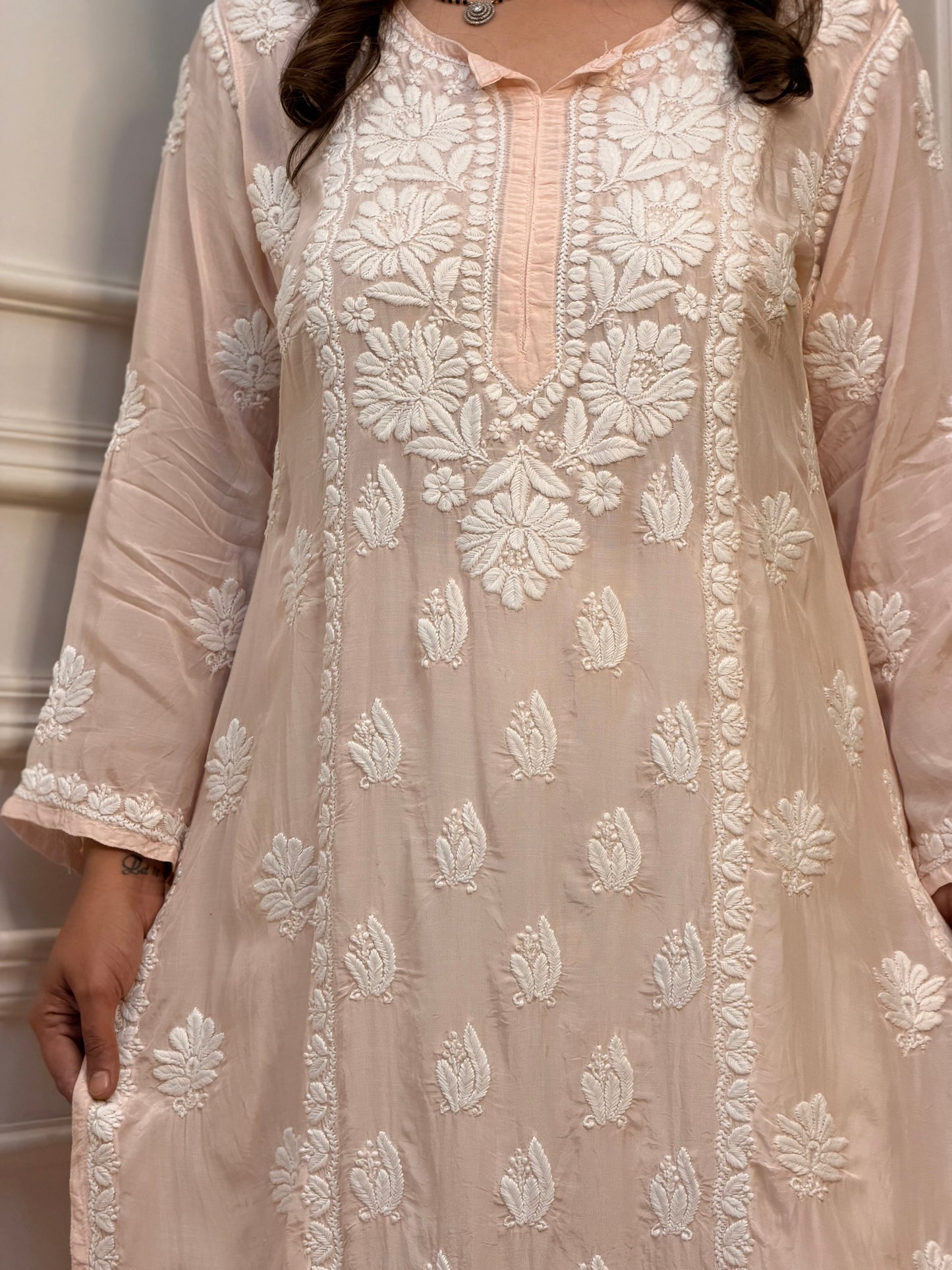 Hand Embroidered Chikankari Kurta Set | Premium Mul Chanderi | Light Peach