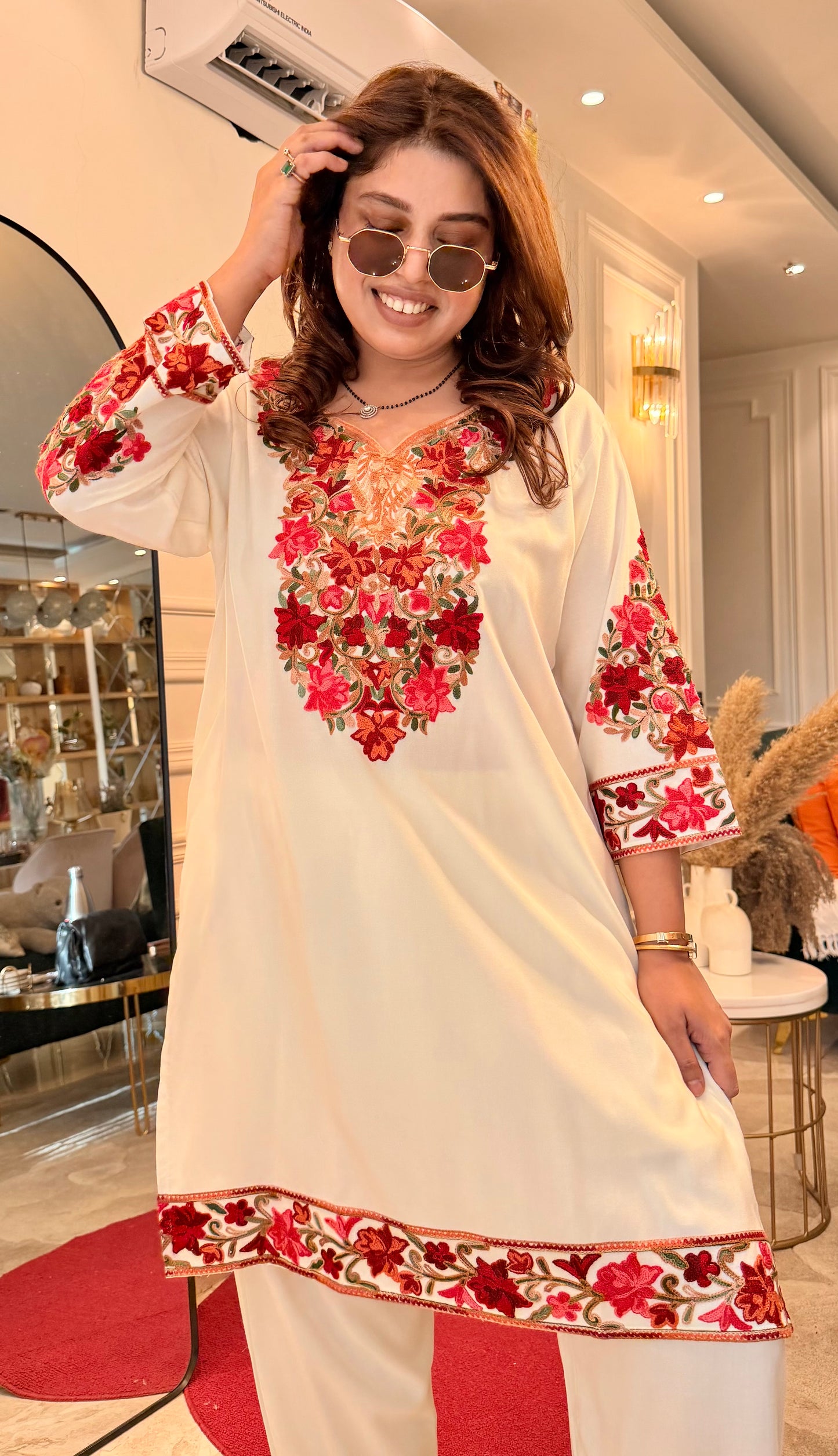 Cotton Kashmiri Emberoried Cordset- Cream Colour