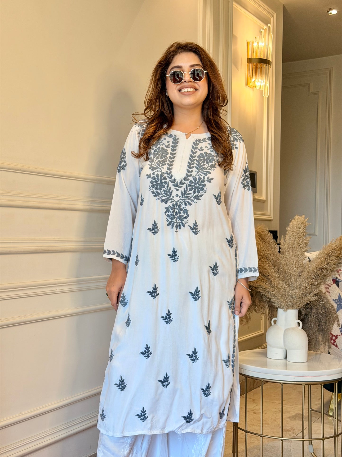 Chikankari Kurta Set | Mul Cotton | white with Grey Thread Embroidery