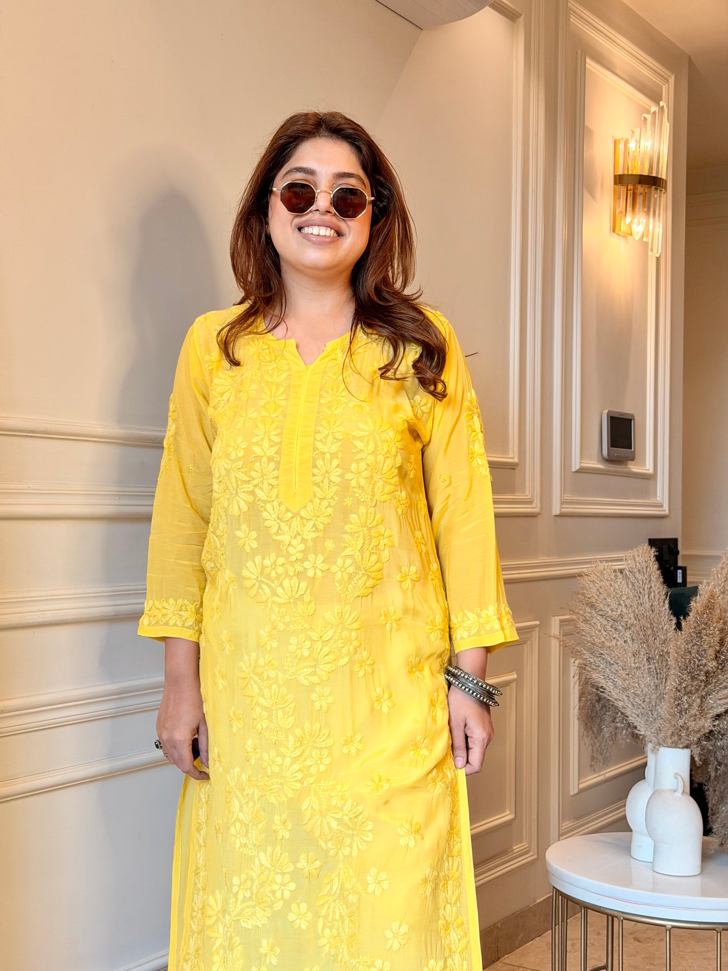 Chikankari Kurta set | Mul Chanderi | Butter Yellow