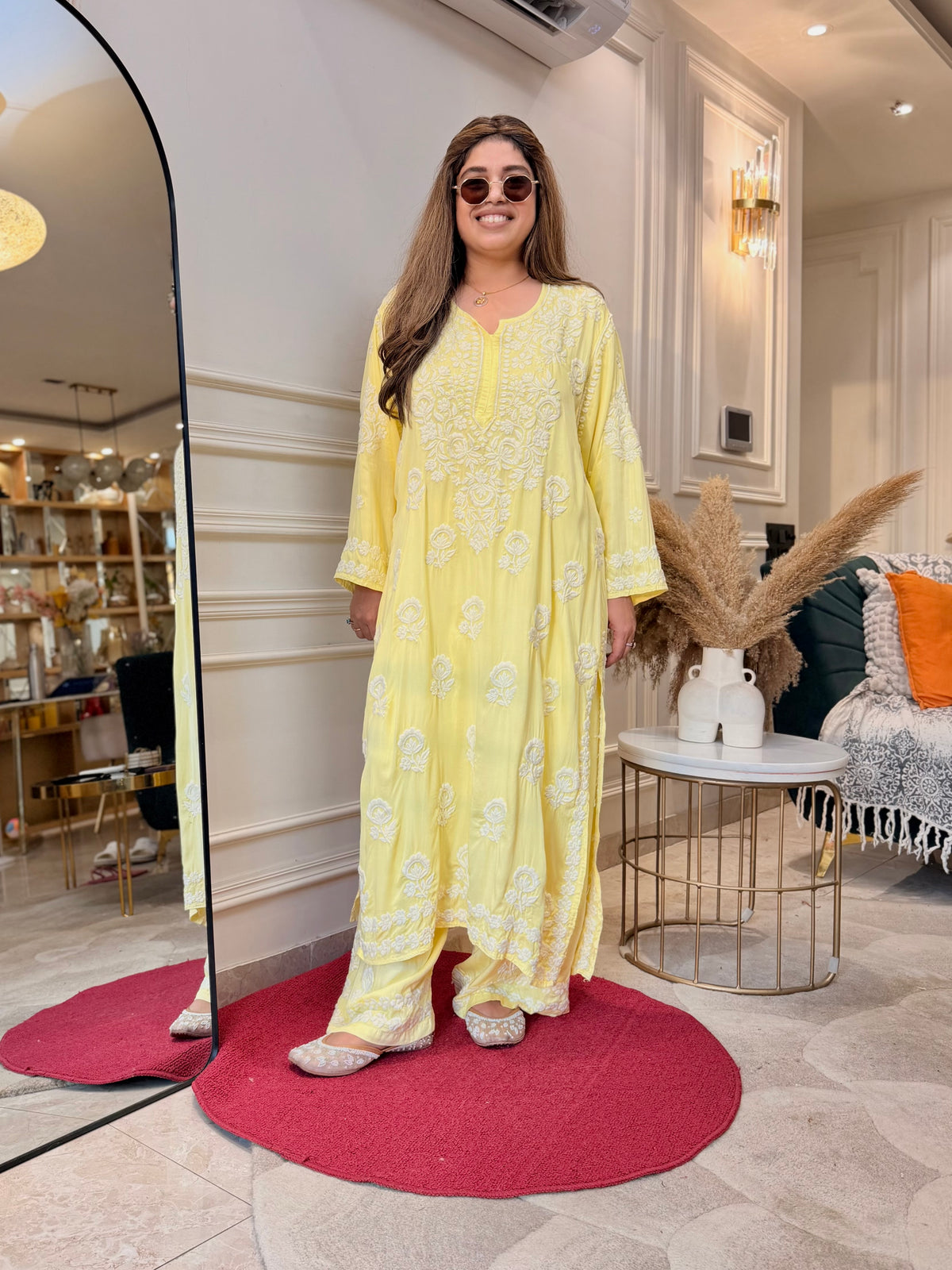 3D Hand Embroidered Chikankari Kurta set | Premium Modal Satin | Butter Yellow