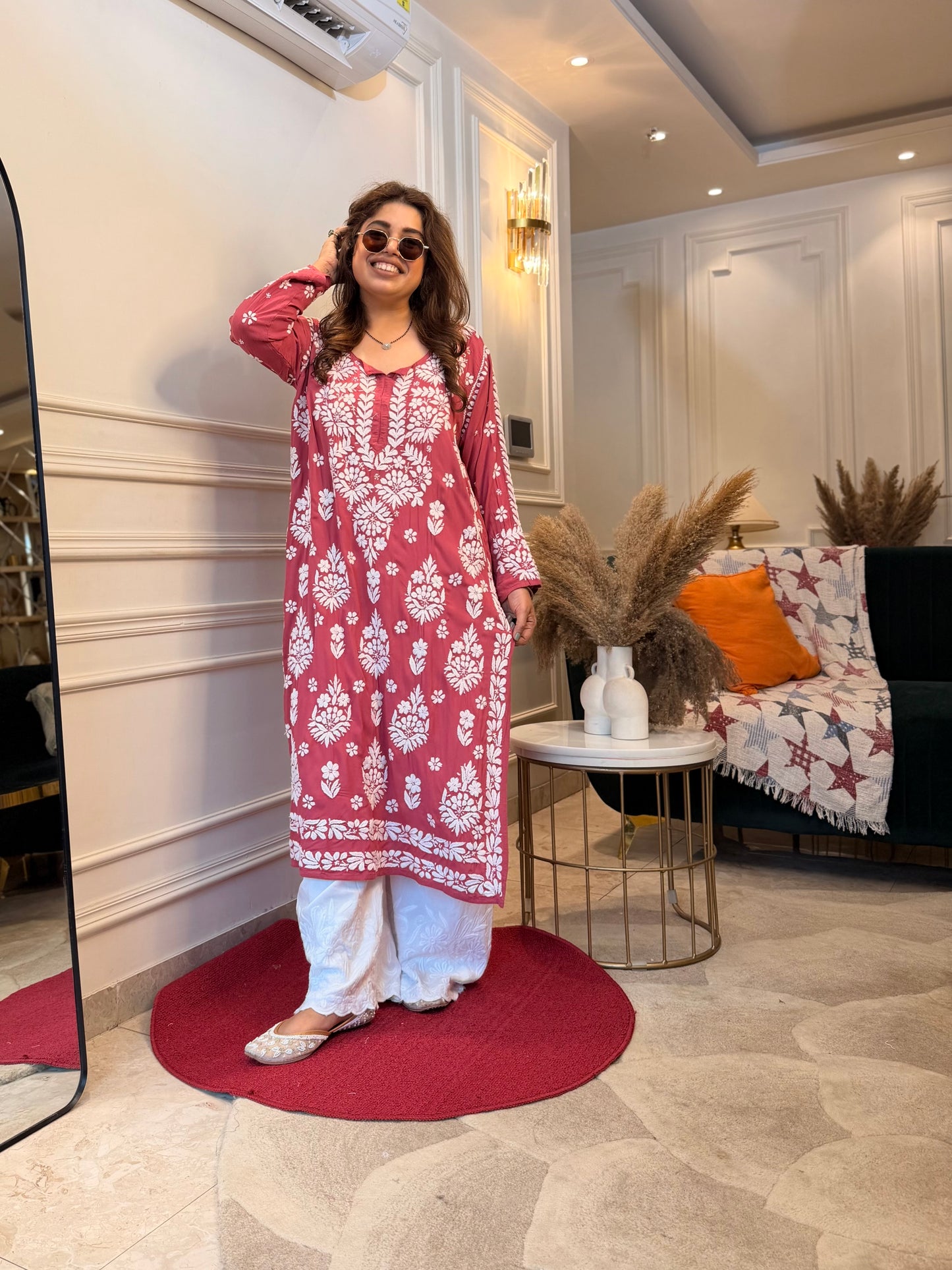 Hand Embroidered 6D Chikankari Kurta | Modal | Sand
