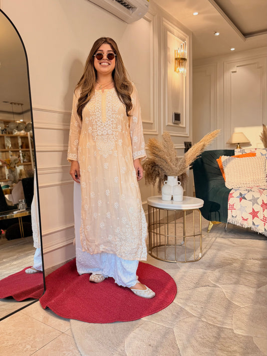 Hand Embroidered 3D Chikankari Kurta | Mul Chanderi | Ivory