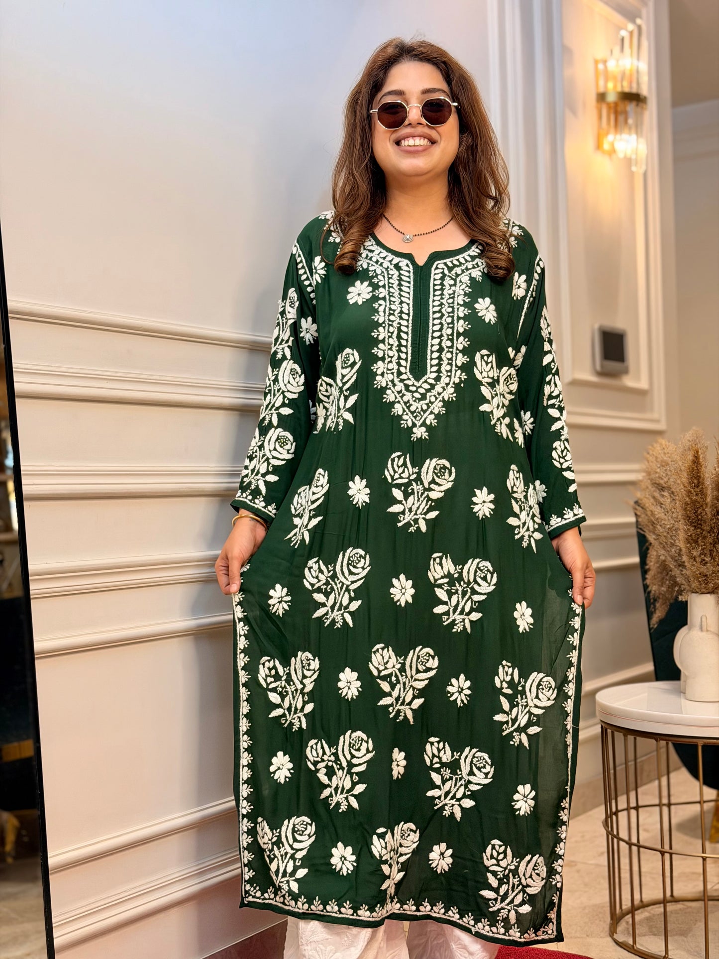 Hand Embroidered 3D Chikankari Kurta | Premium Modal | Emerald