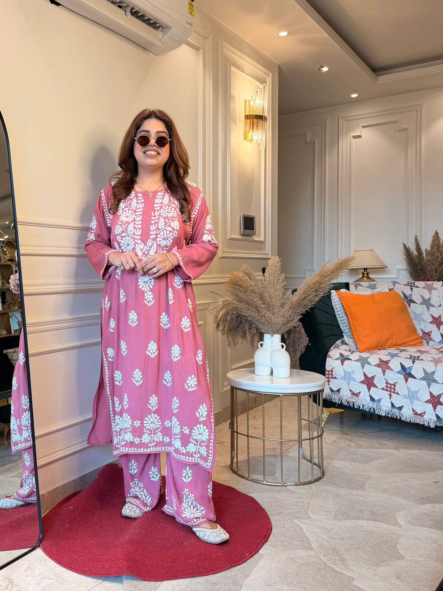 Hand Embroidered Chikankari Kurta set | Modal | Peach Blossom