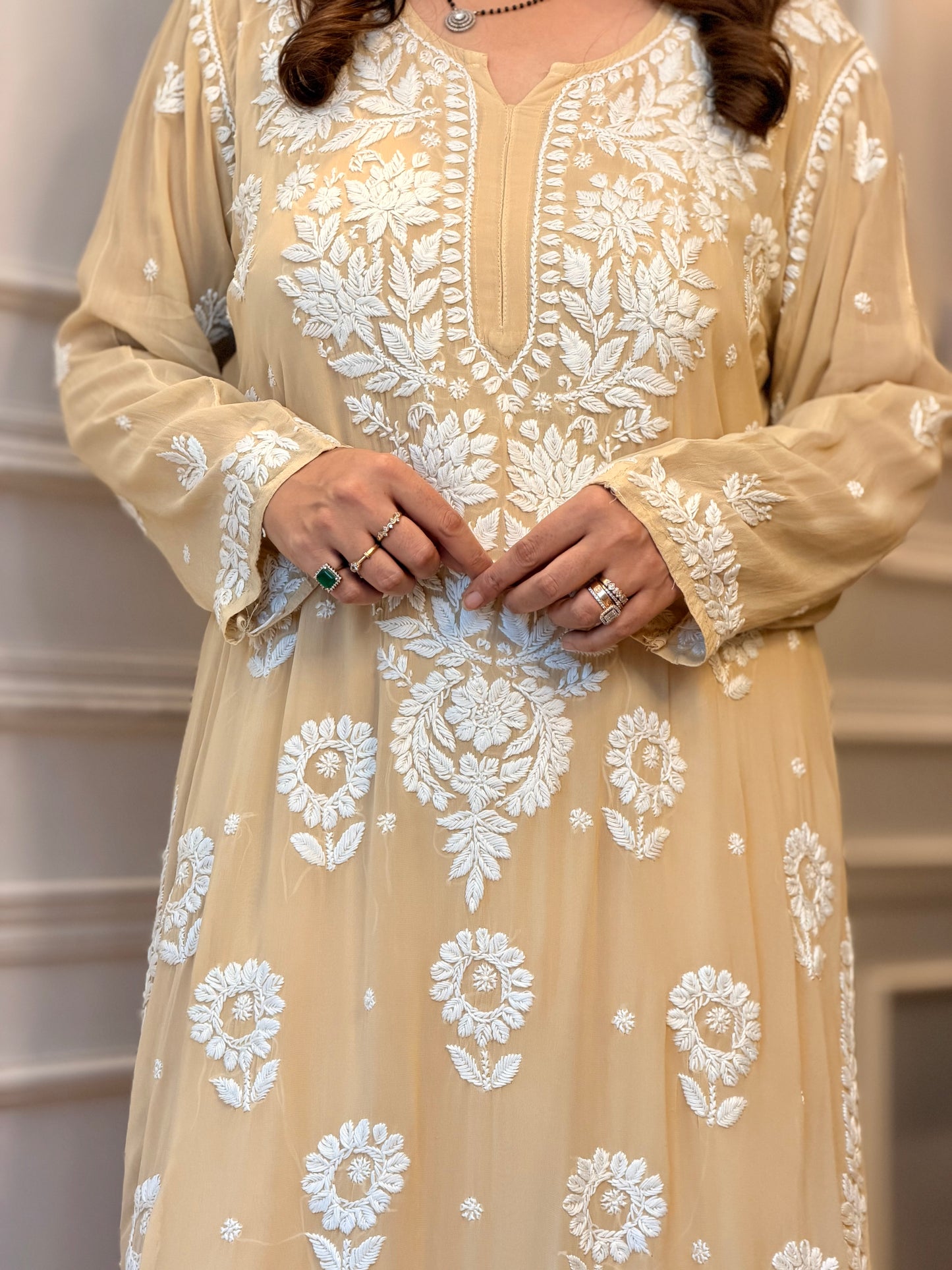 Hand Embroidered 6D Chikankari Kurta  | Premium Viscose | Ivory