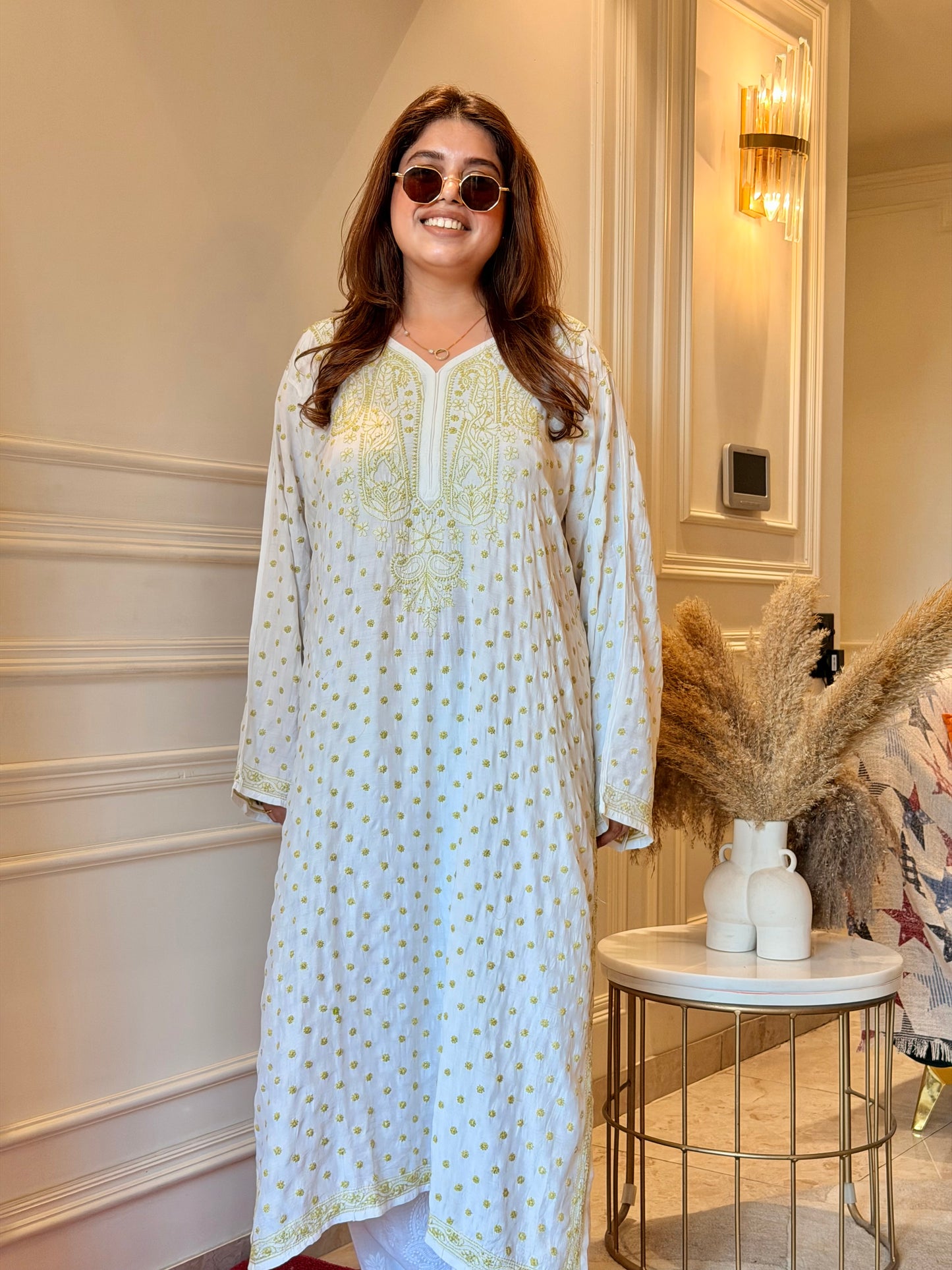 Hand Embroidered Chikankari Kurta  | Mul Chanderi | white with Olive Green| Plus Size