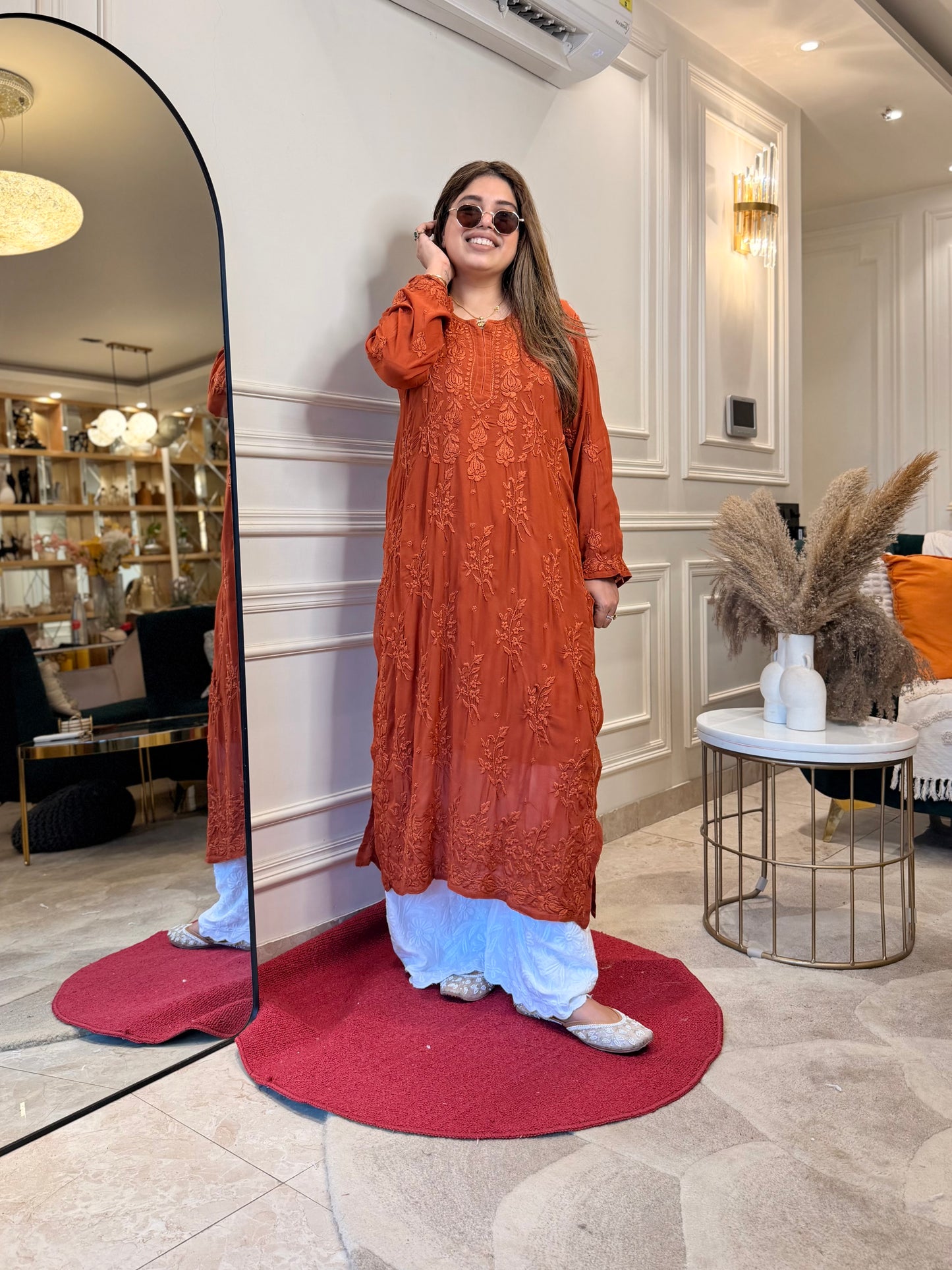 Hand Embroidered 3DChikankari Kurta  | Viscose | Rust Orange
