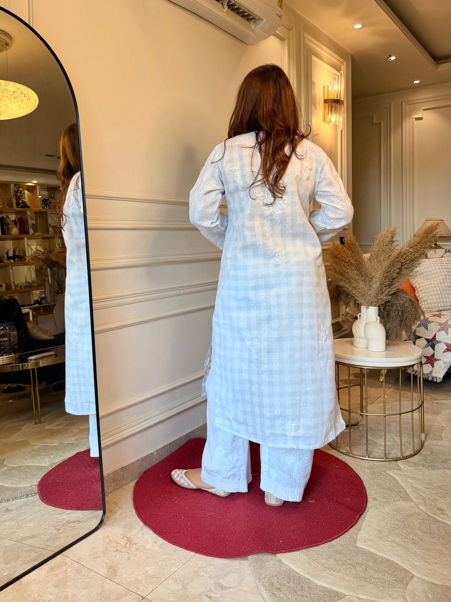 Hand Embroidered Chikankari Kurta Set - Kota Doriya Fabric | Powder Blue