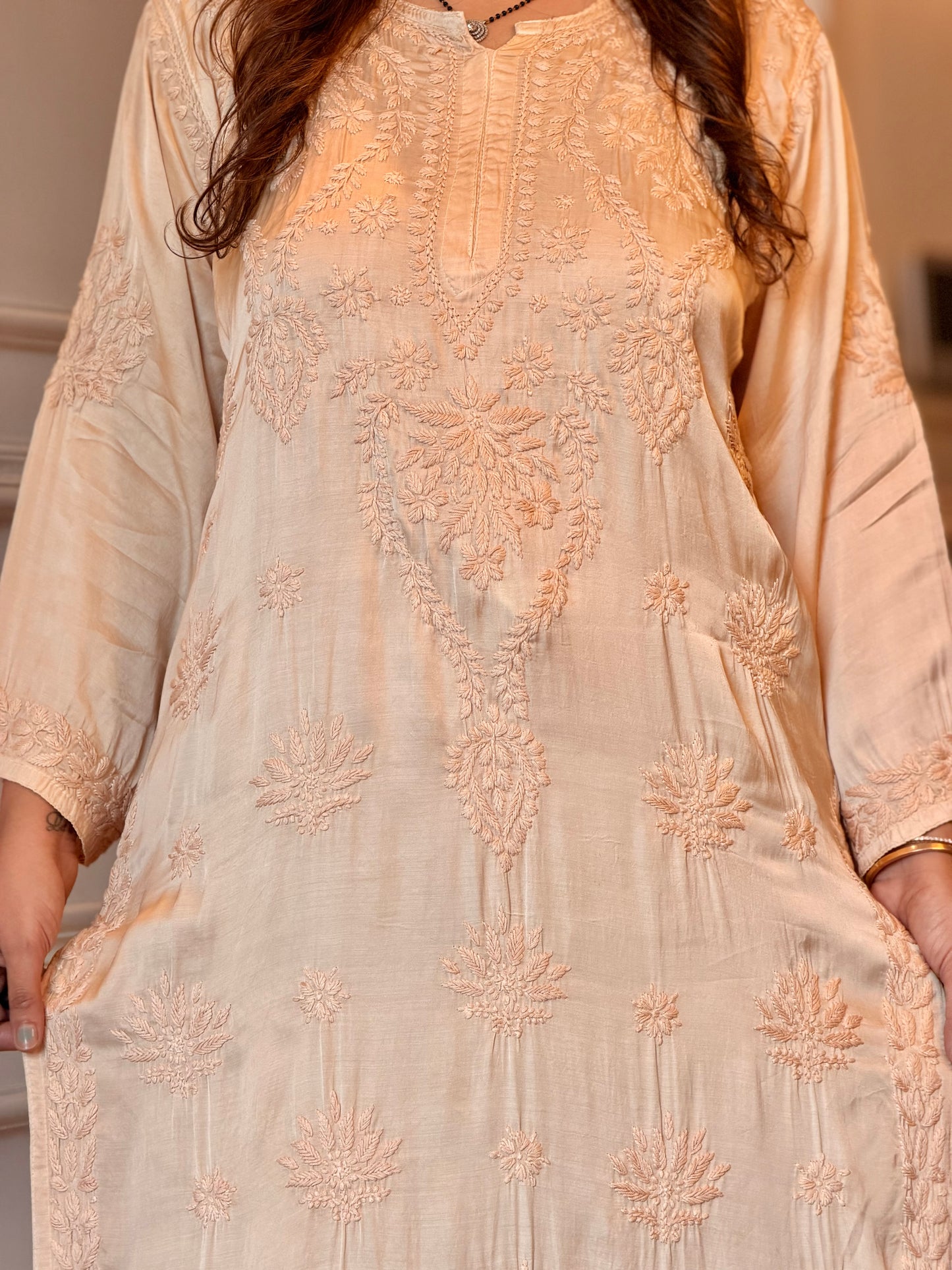 Hand Embroidered Chikankari Kurta set | Modal Satin Silk | Ivory