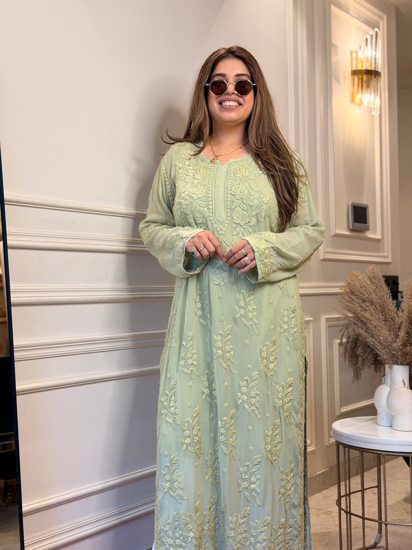 Hand Embroidered 3DChikankari Kurta  | Viscose | Olive Green