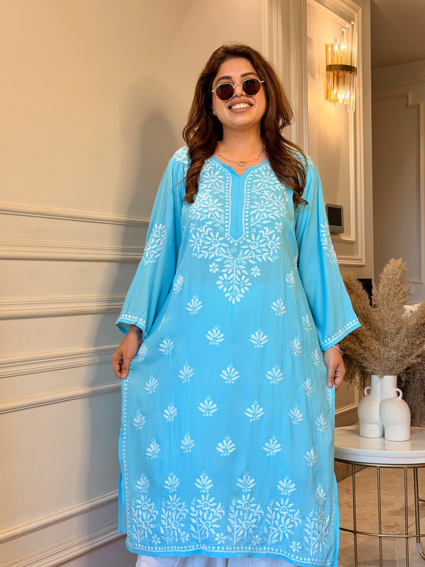 Hand Embroidered Chikankari Kurta | Modal | Turquoise Blue
