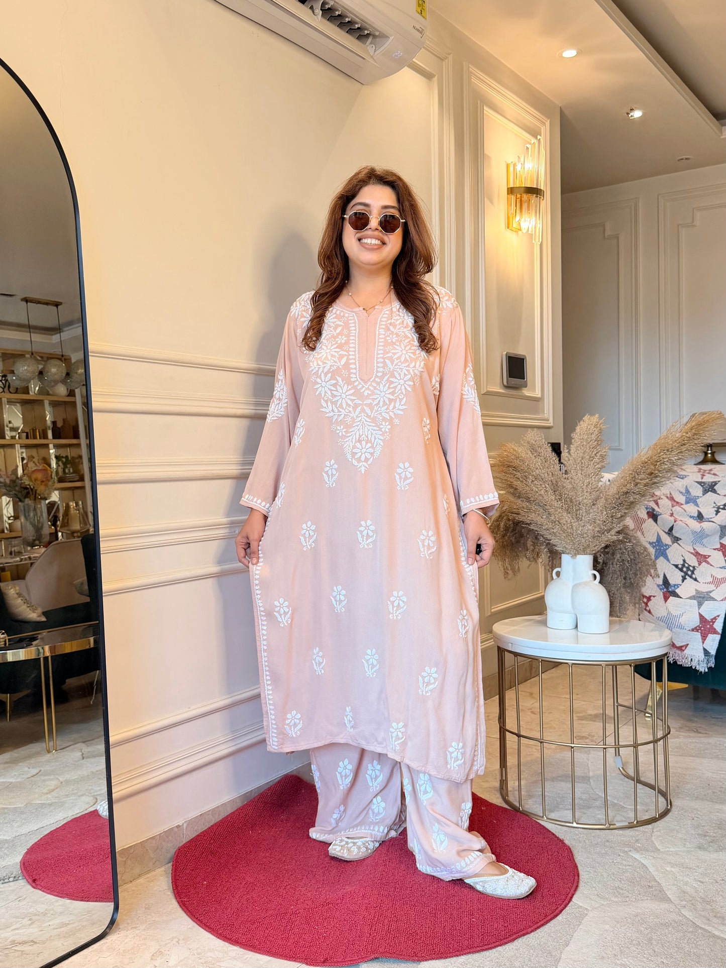 Hand Embroidered Chikankari Kurta set | Modal | Nude Beige