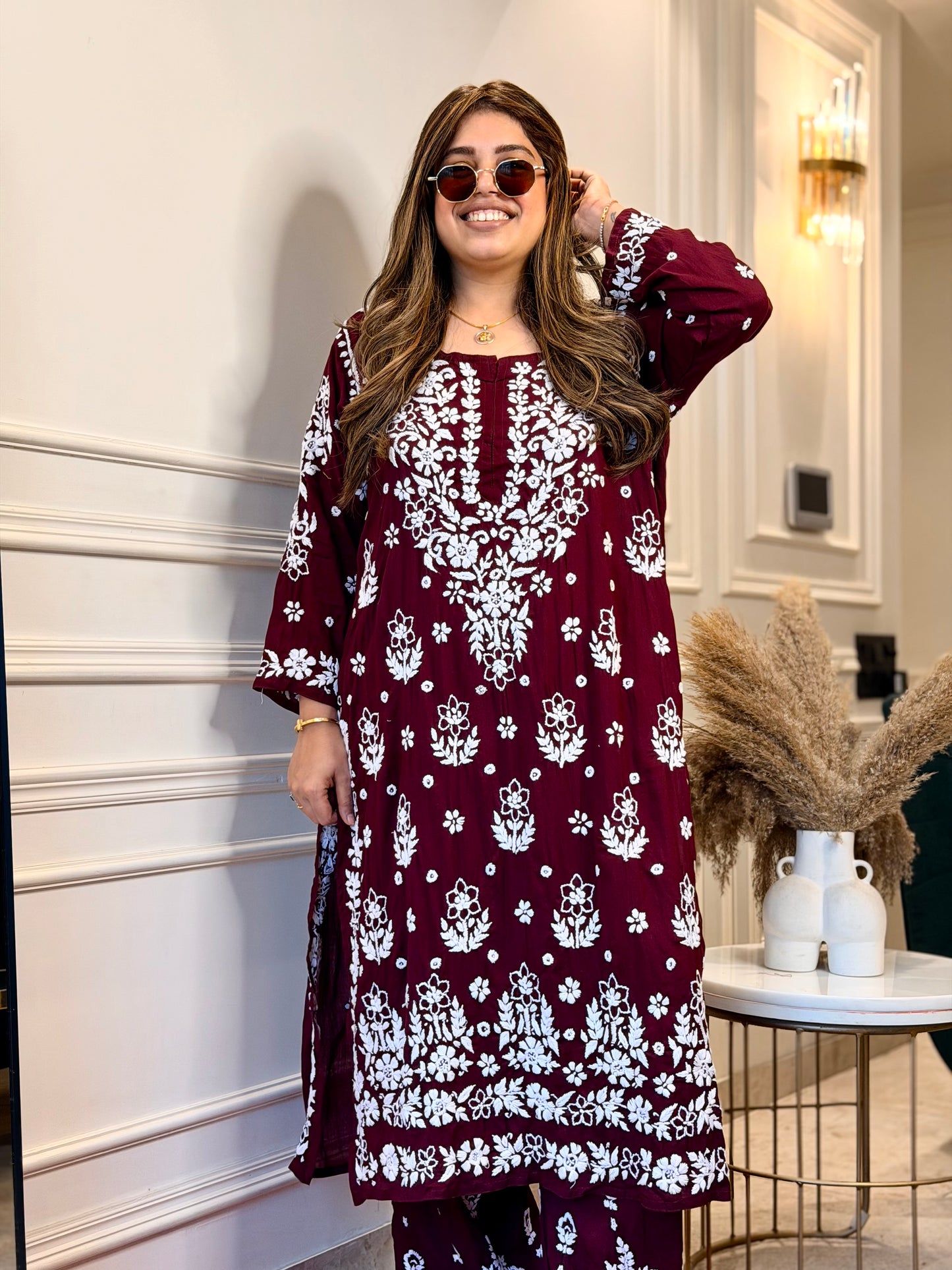 Hand embroidered 3D Chikankari Kurta set | Premium Modal| Mahroon
