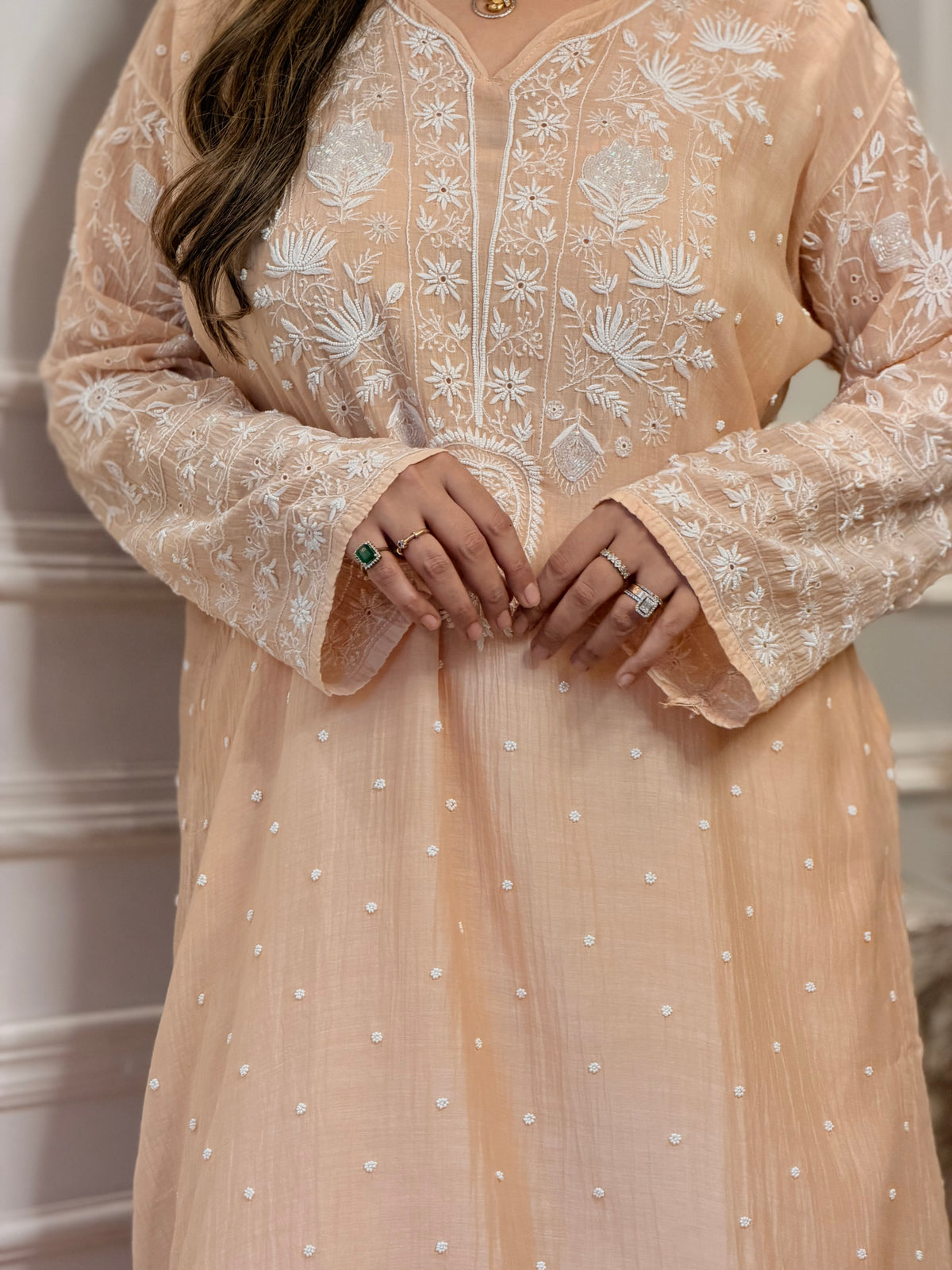 Premium Hand Embroidered Chikankari Kurta & Duppta | Mul Chanderi | Peach