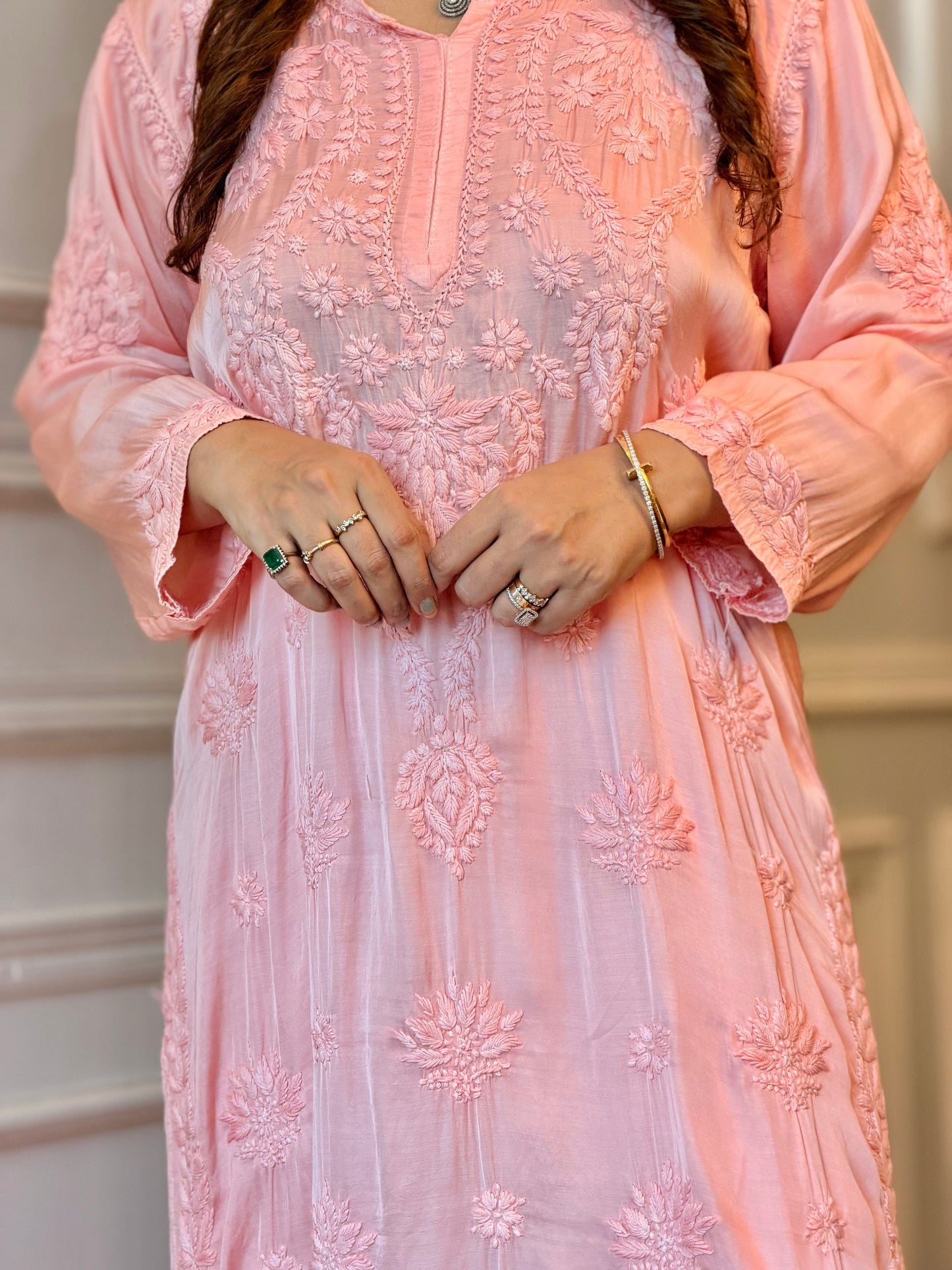 Hand Embroidered Chikankari Kurta set | Modal Satin Silk | Peach