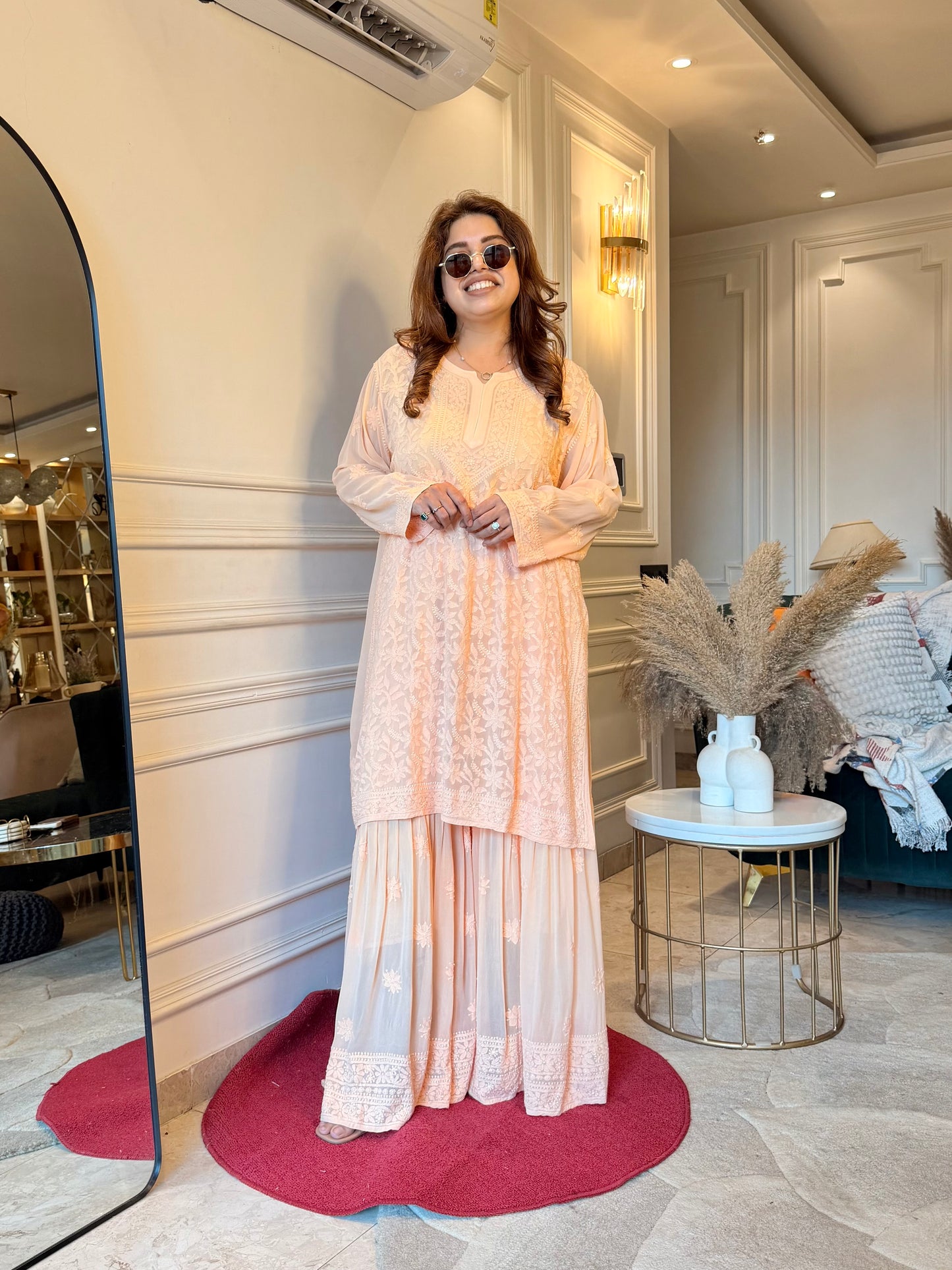 Delicate Full Zaal Hand Embroidered Chikankari Sharara set | Viscose | Peach