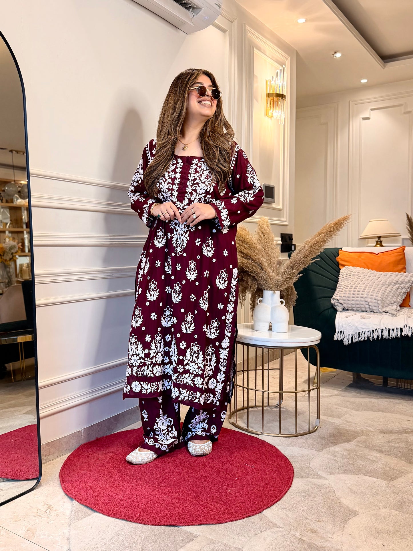 Hand embroidered 3D Chikankari Kurta set | Premium Modal| Mahroon