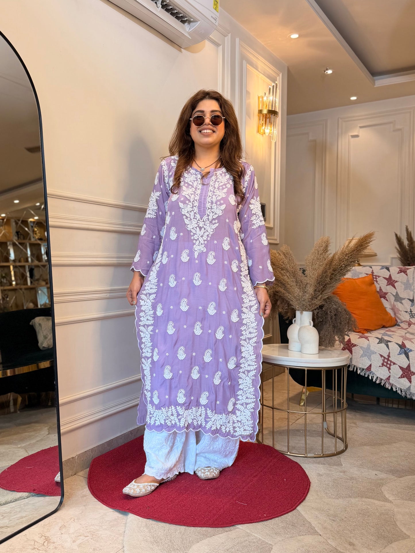 Hand embroidered 6D Chikankari Kurta | Mul Chanderi | Lavender
