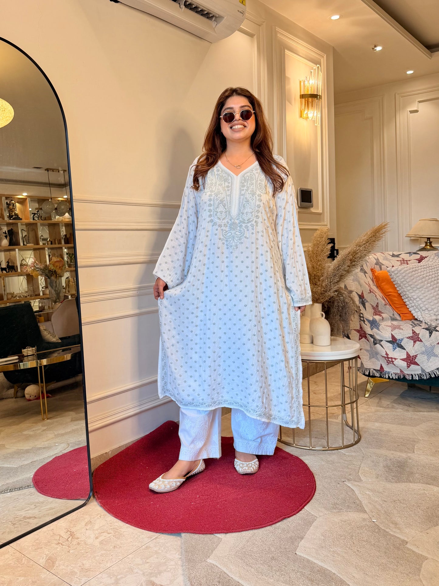 Hand Embroidered Chikankari Kurta  | Mul Chanderi | white with Grey | Plus Size