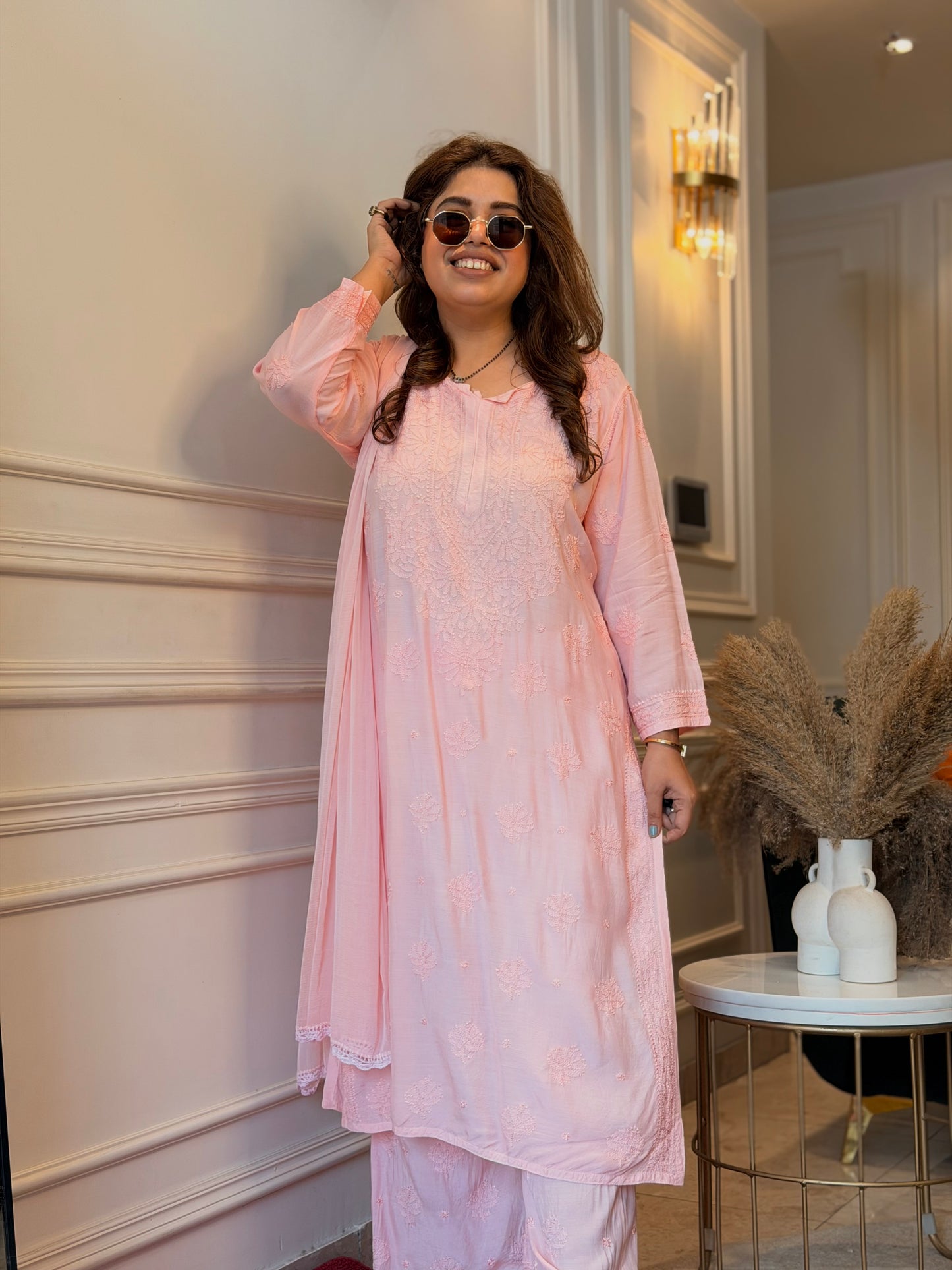 Hand Embroidered Chikankari 3 piece Kurta set | Mul Chanderi | Pink