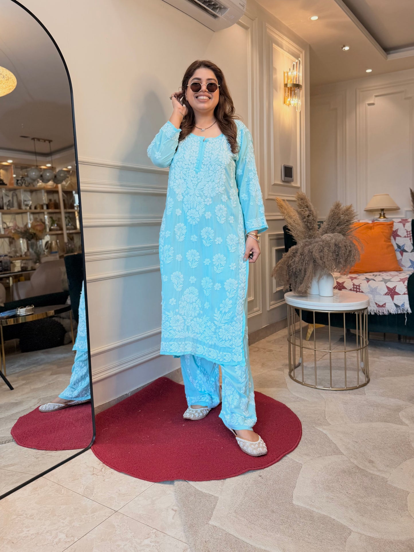 Hand Embroidered Chikankari Kurta set | Modal | light Blue