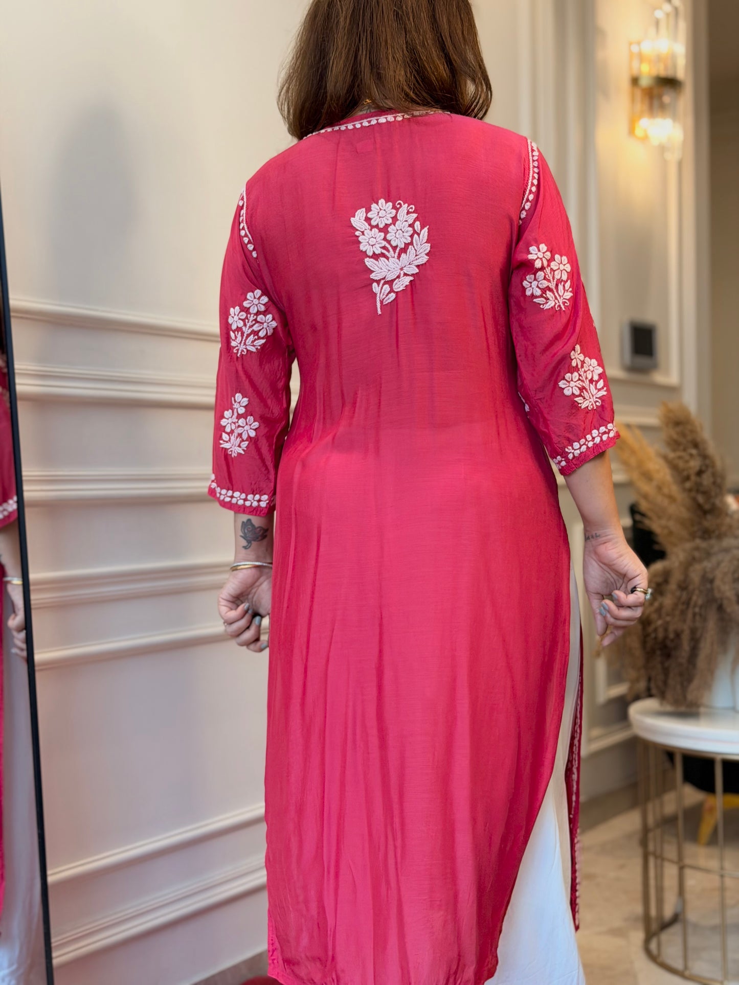 Hand Embroidered 3DChikankari Kurta  | Mul Chanderi | Rose Pink