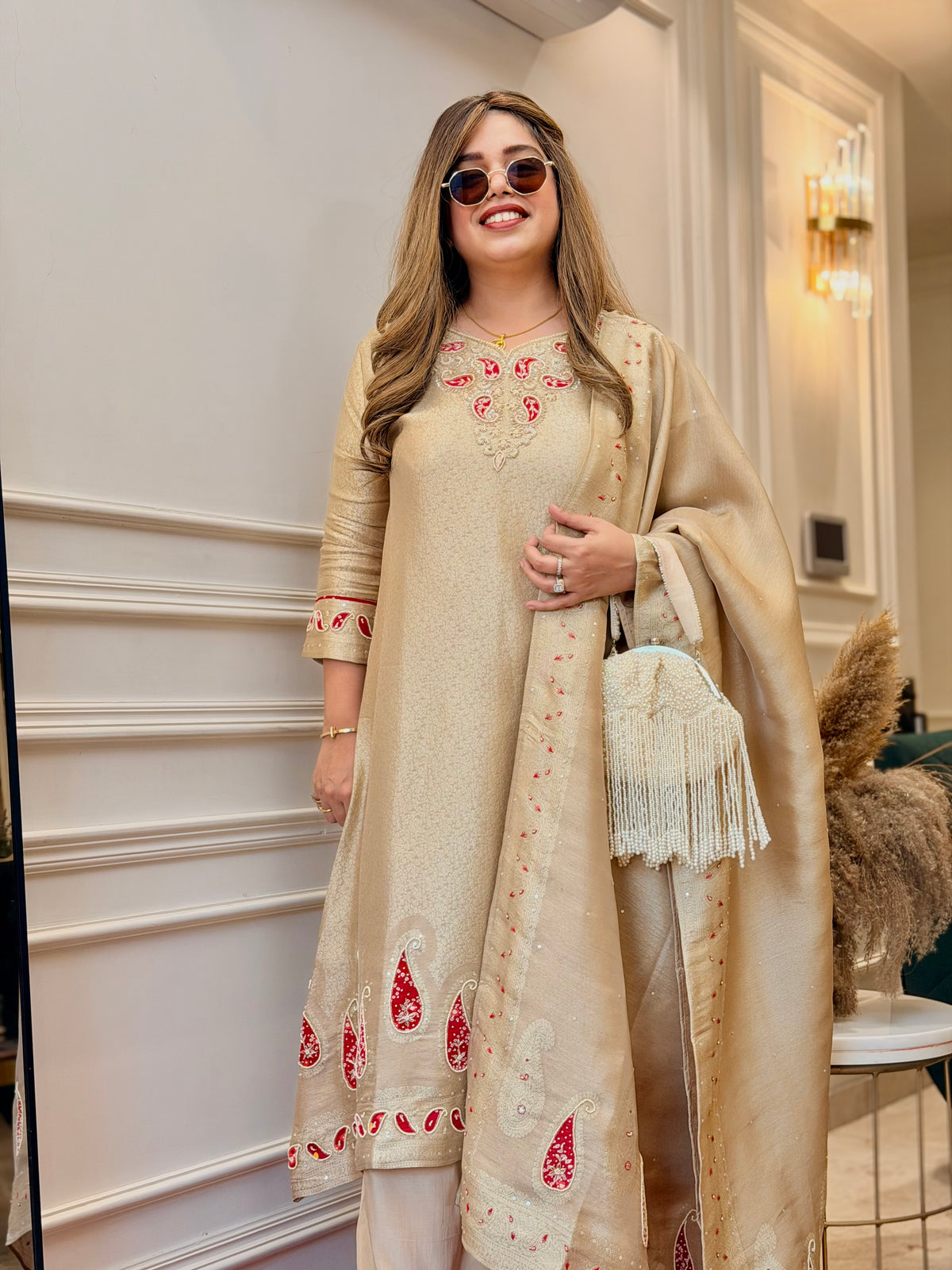 Exclusive Gold Beige Brocade Jacquard 3Piece A line kurta set