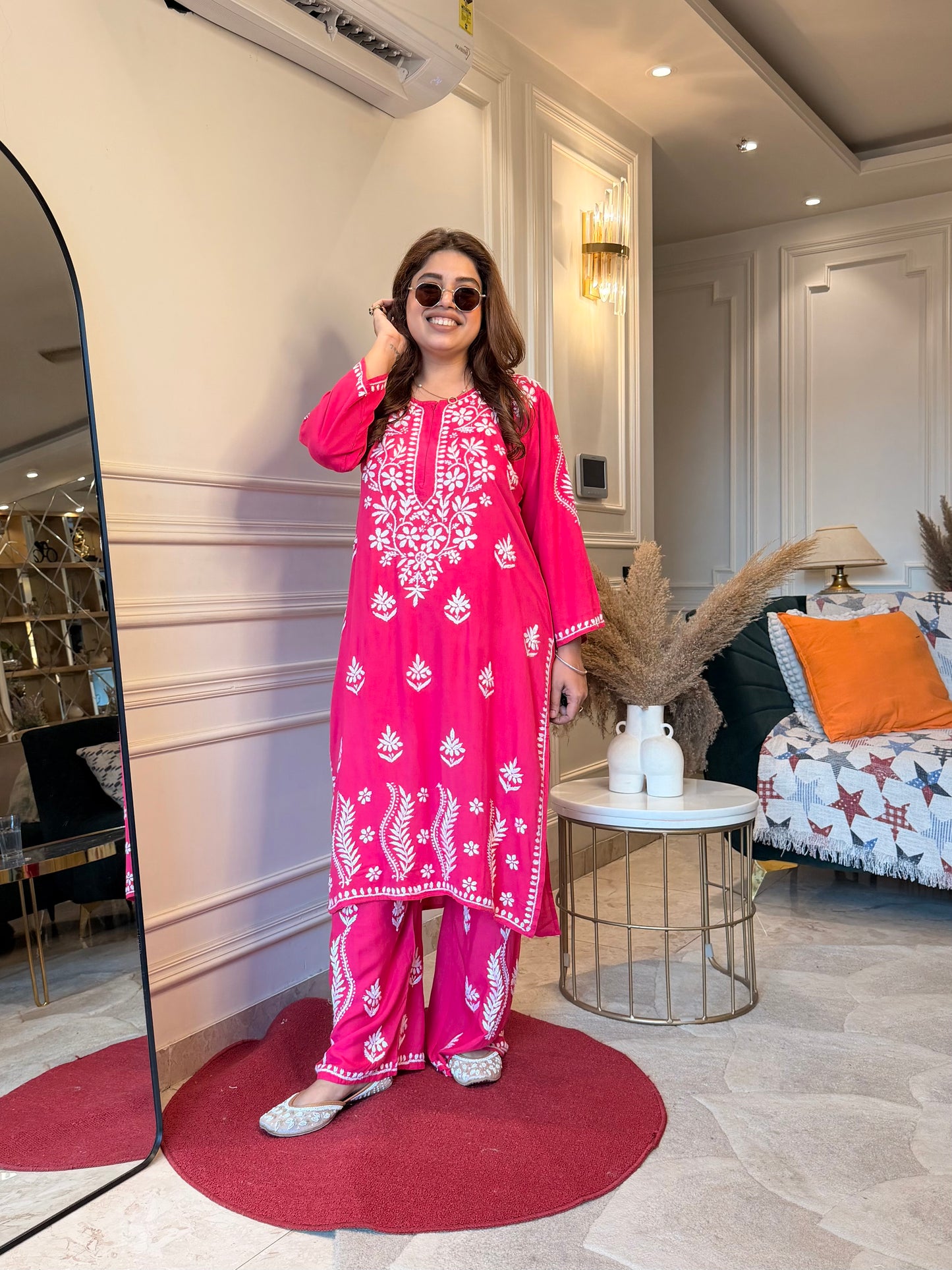 Hand Embroidered Chikankari Kurta set | Modal | Hot Pink