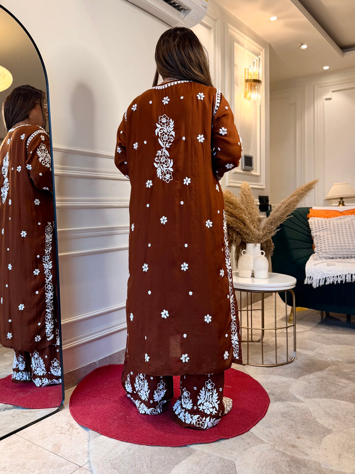 Hand embroidered 3D Chikankari Kurta set | Premium Modal| Brown