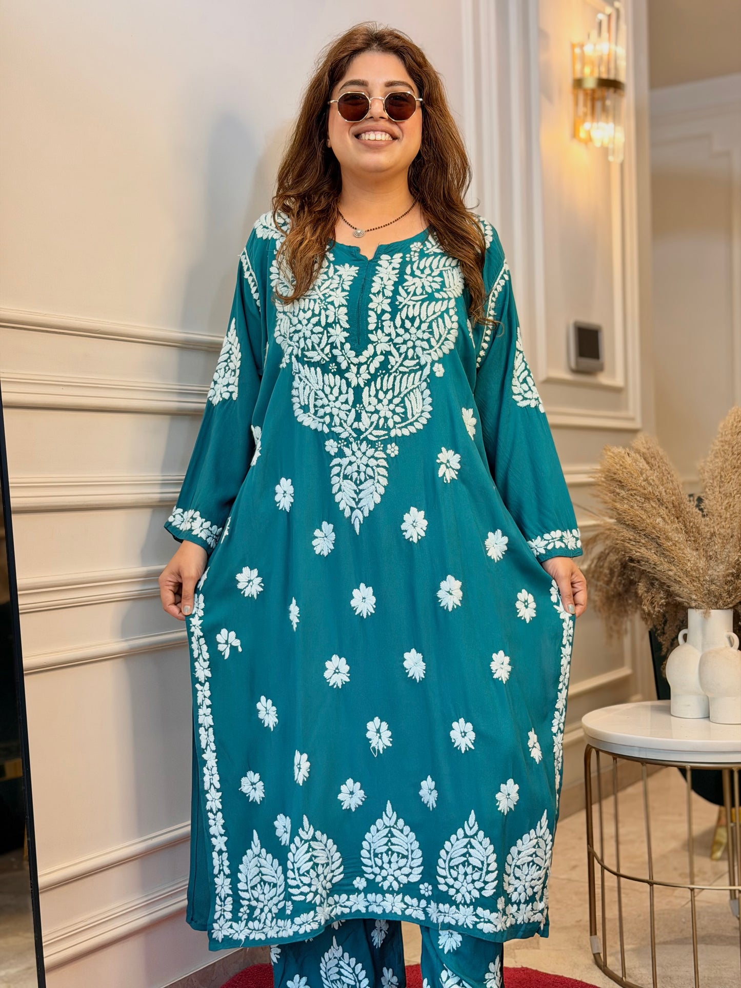 Hand Embroidered Chikankari Kurta set | Modal  | Teal
