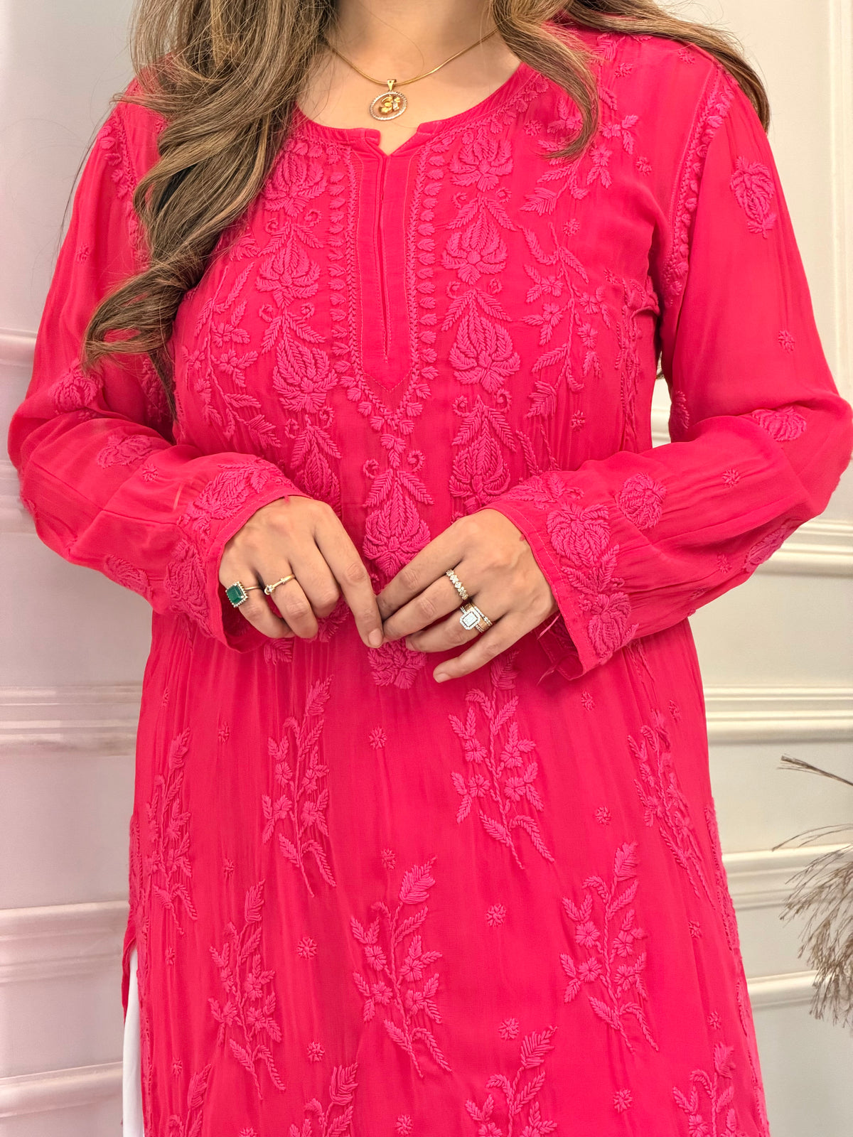 Hand Embroidered 3DChikankari Kurta  | Viscose | Hot Pink