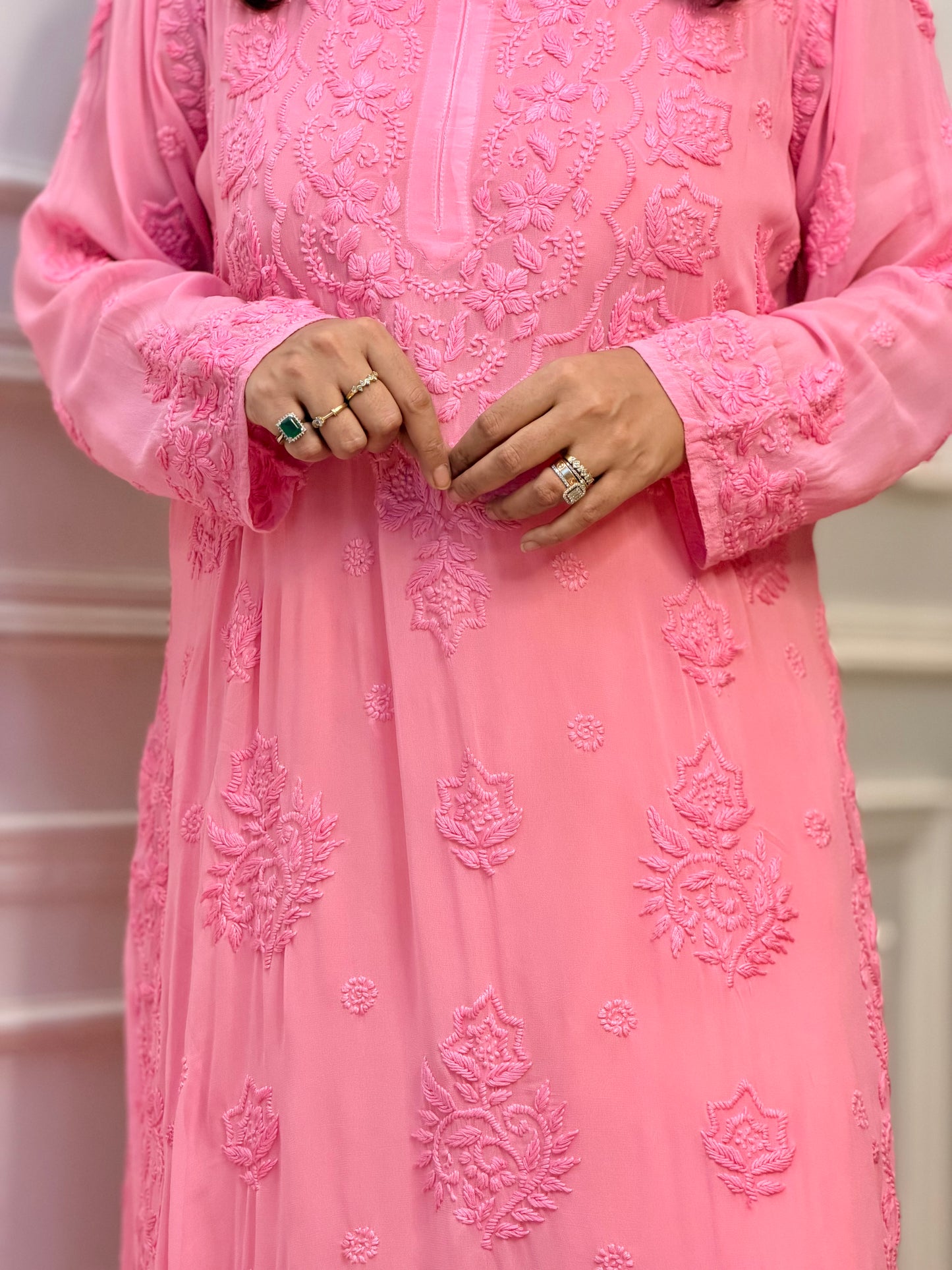 Hand Embroidered 6D Chikankari Kurta  | Premium Viscose | Pink