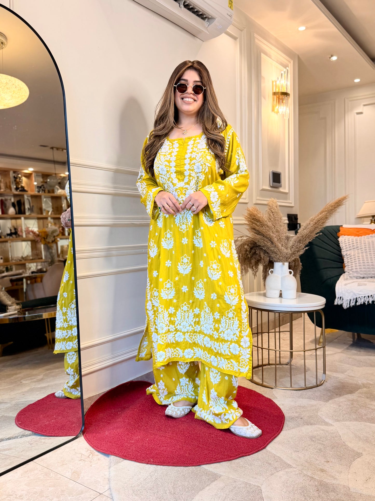 Hand embroidered 3D Chikankari Kurta set | Premium Modal| Olive Green