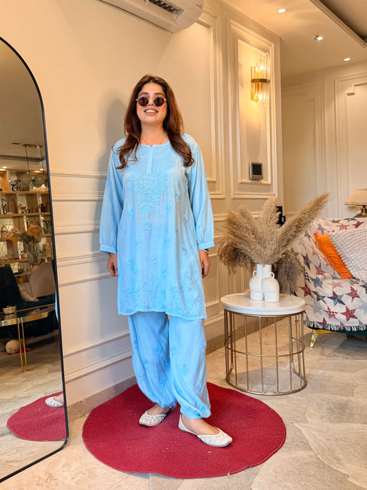 Hand Embroidered Chikankari Cordset | Muslin | Powder Blue