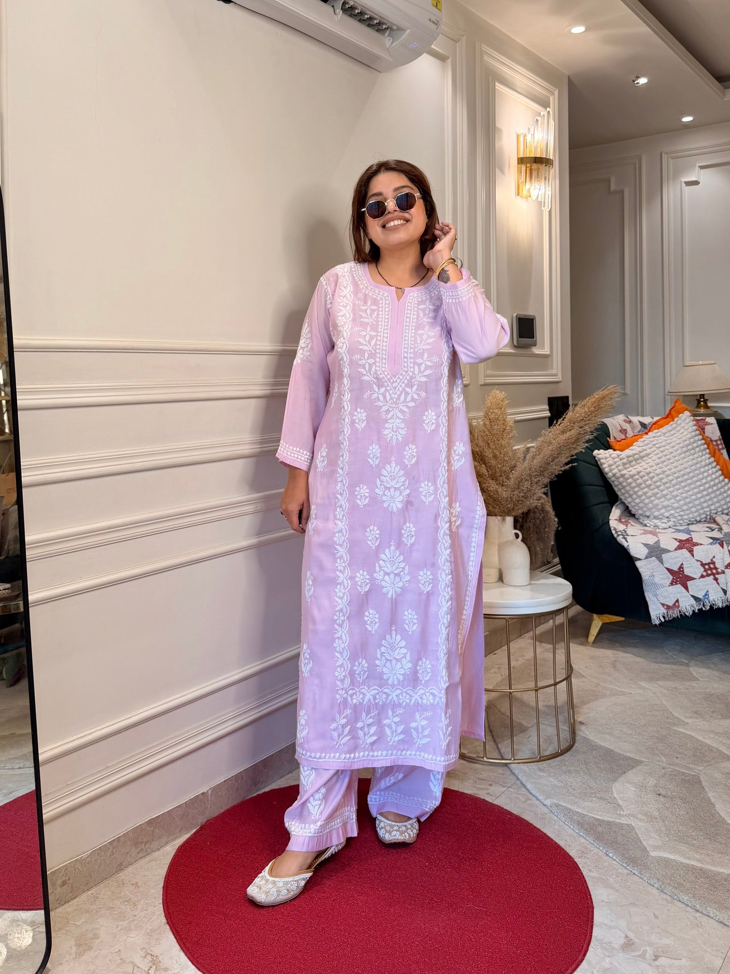 Hand Embroidered Chikankari Kurta Set - Baby Pink