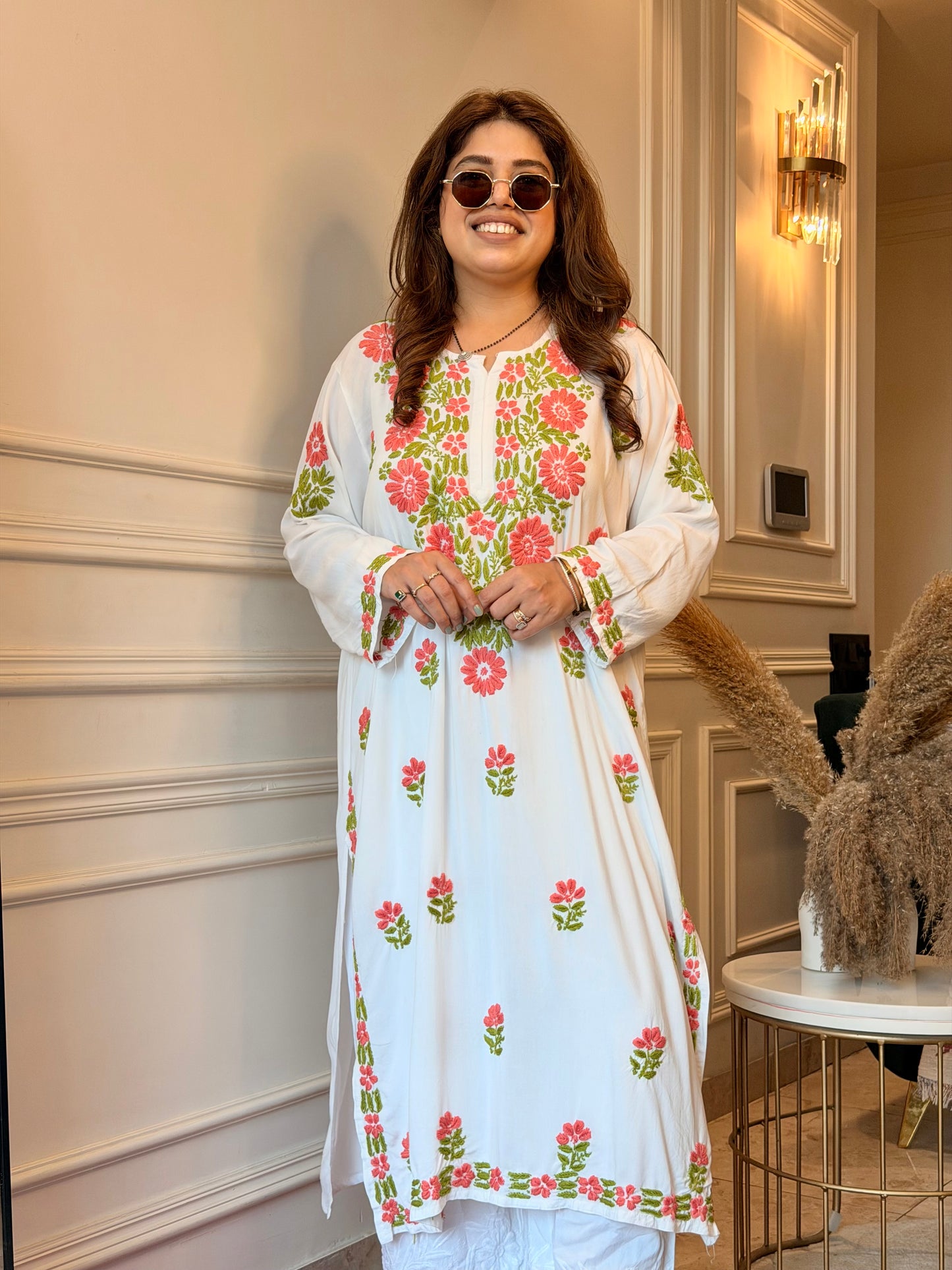 Hand embroidered Chikankari Kurta | Premium Cotton | White with Light Pink & Green
