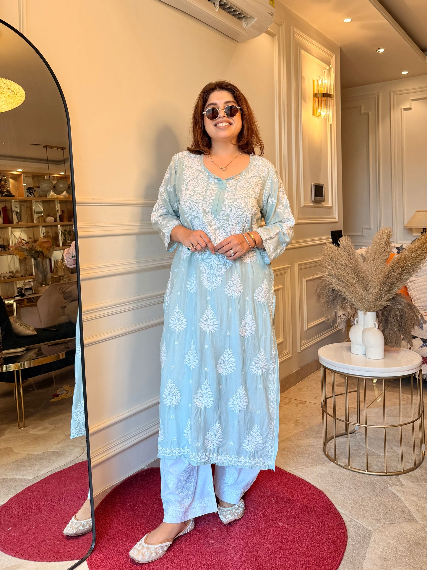 Chikankari Kurta  | Mul Chanderi | Pastel Sage