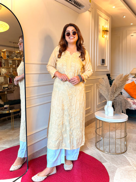 Hand embroidered Chikankari Kurta set | Mul Chanderi | Ivory colour