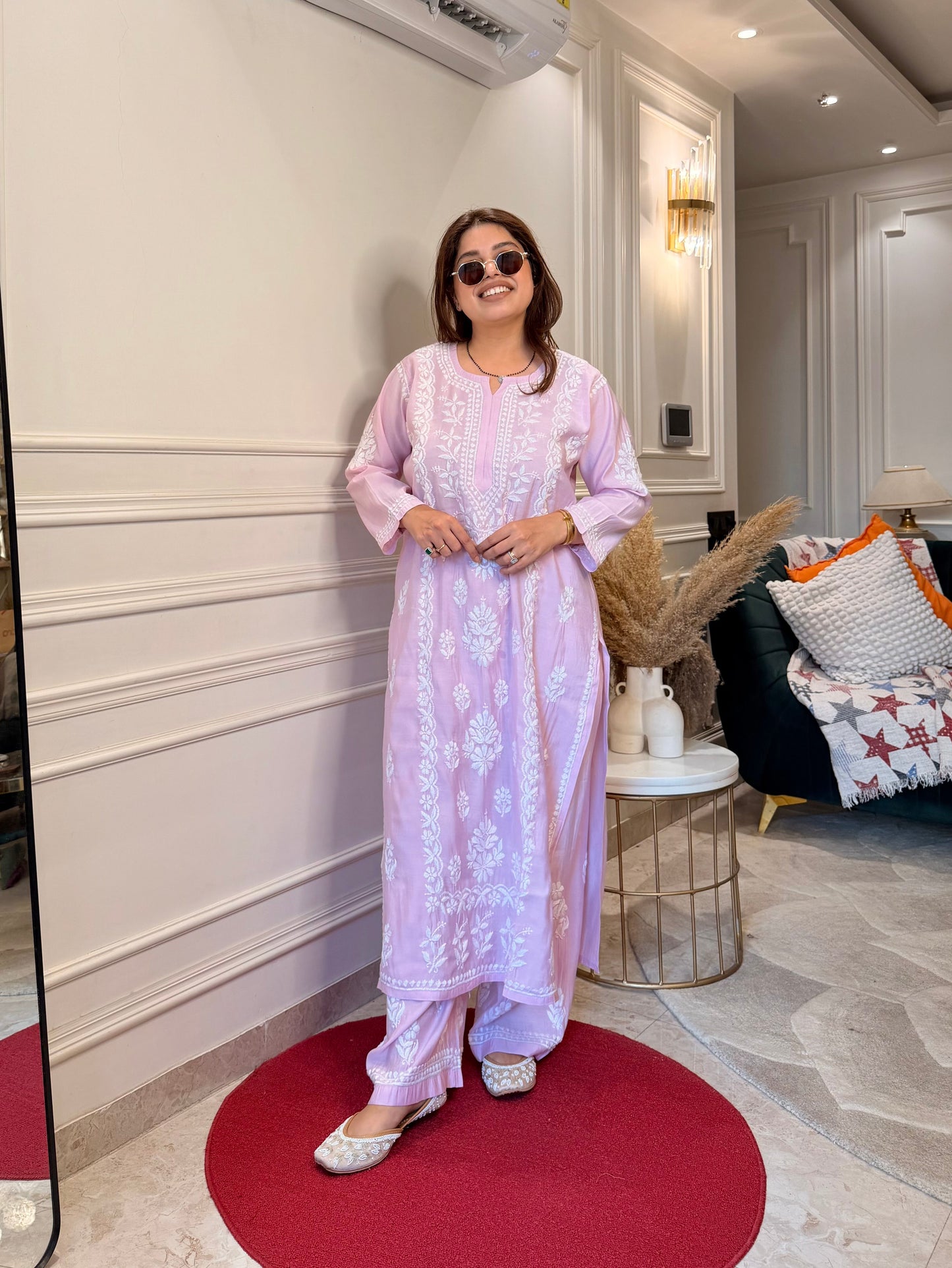 Hand Embroidered Chikankari Kurta Set - Baby Pink