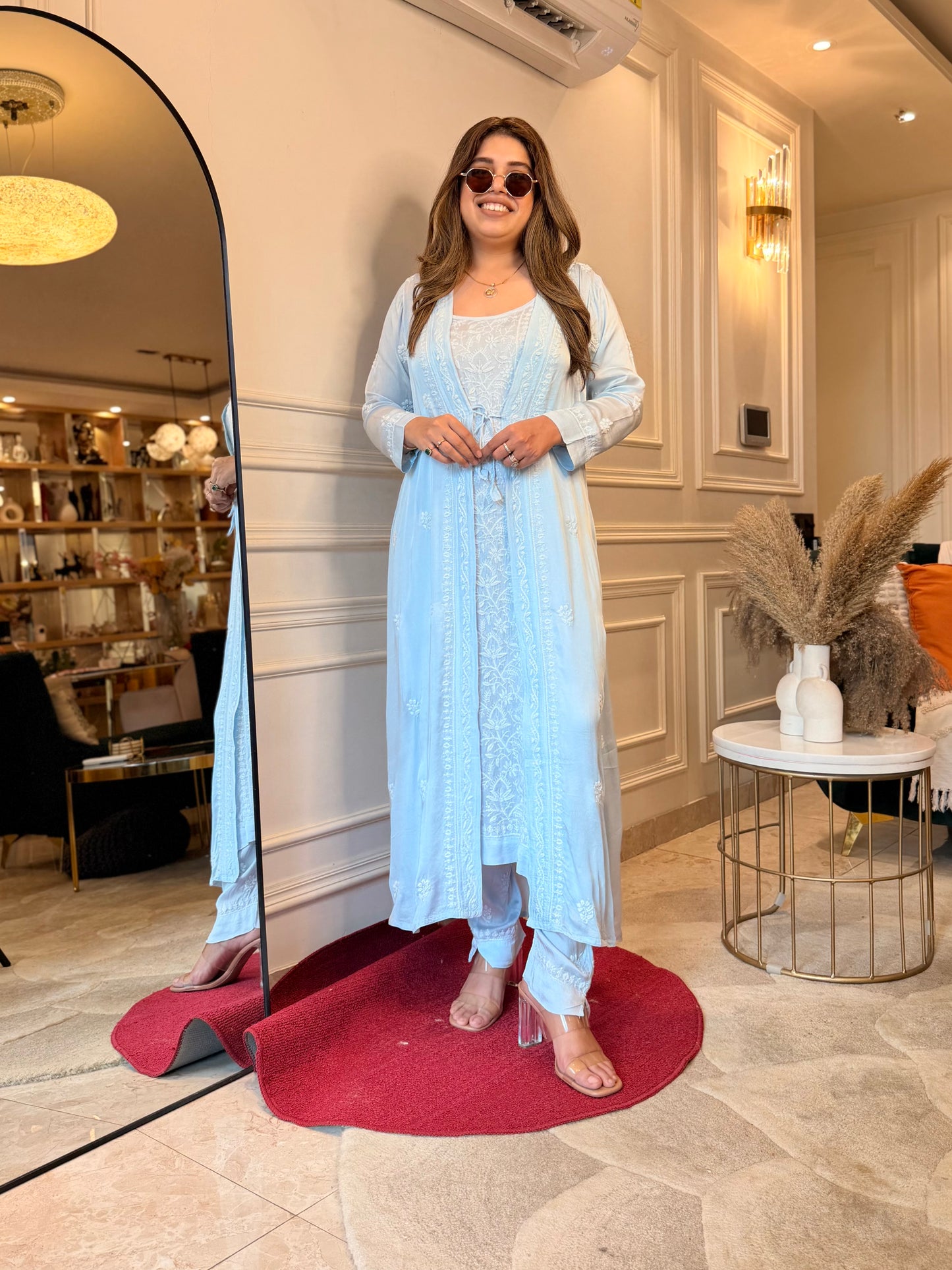 Premium 3 Piece Hand Embroidered Chikankari Kurta set | Modal satin | Powder Blue