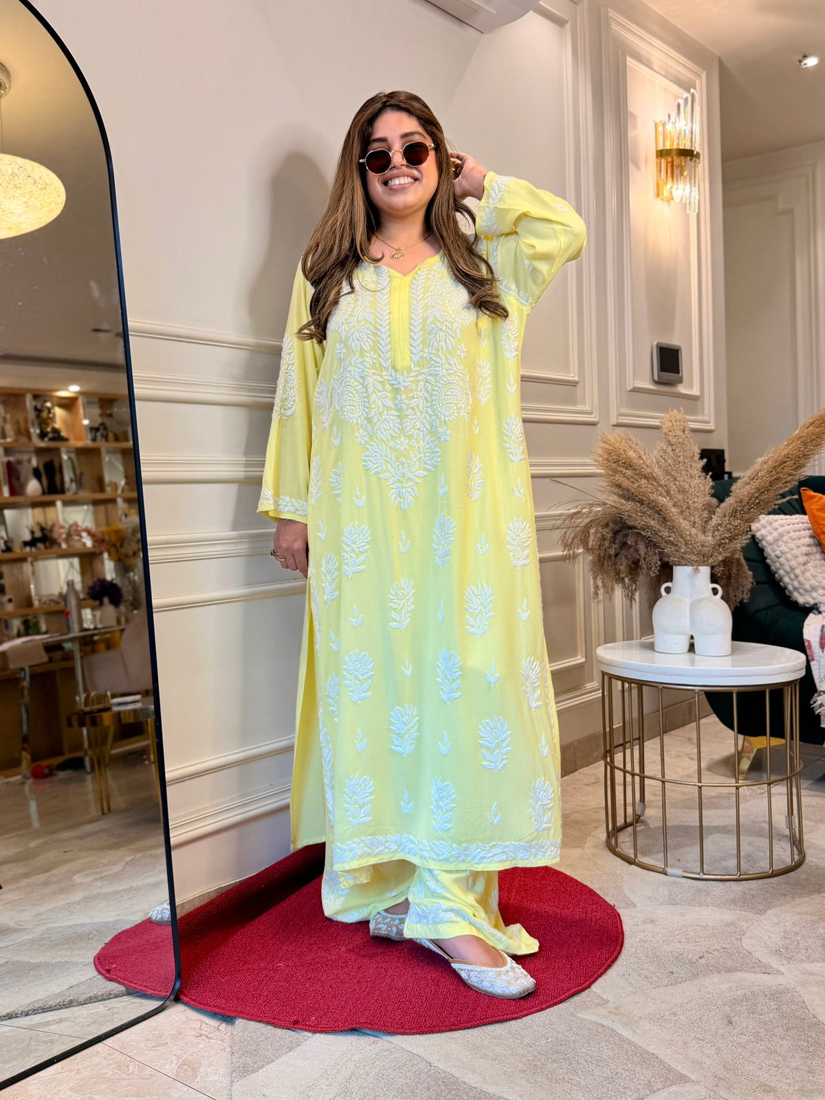 3d Hand Embroidered Chikankari Kurta set | Premium Modal | Lemon Yellow