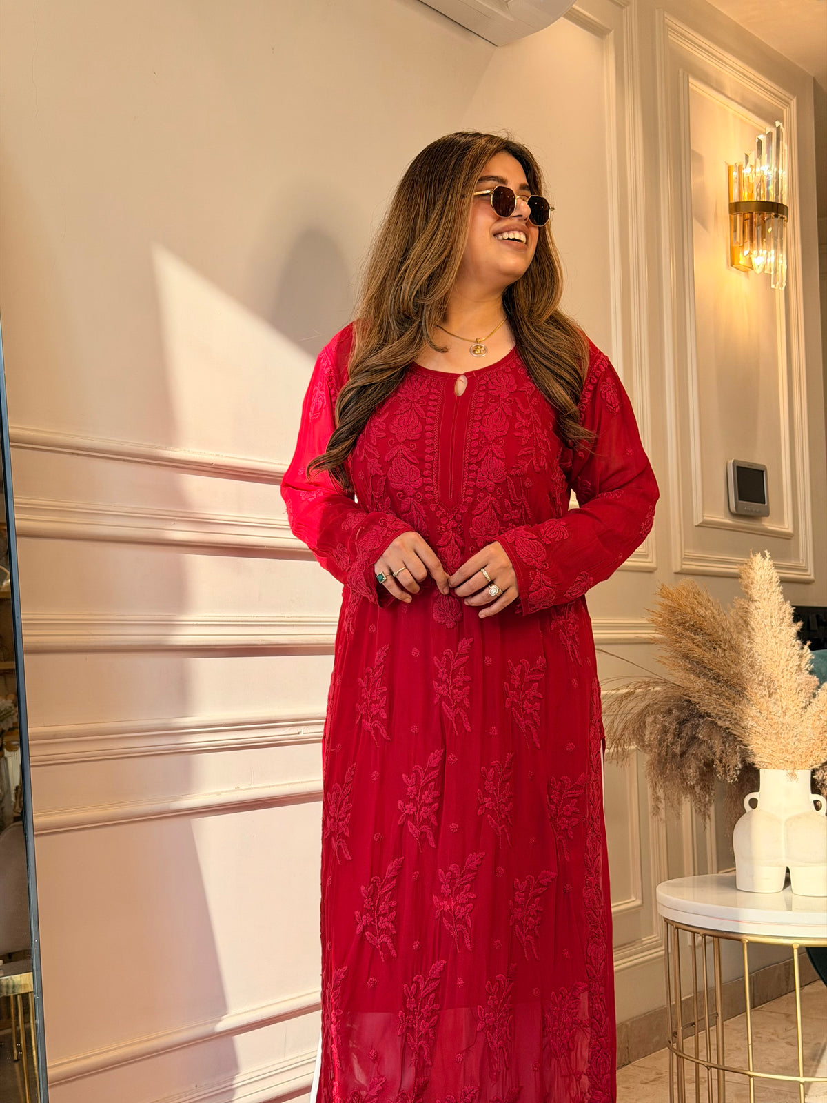 Hand Embroidered 3DChikankari Kurta  | Viscose | Cherry Red
