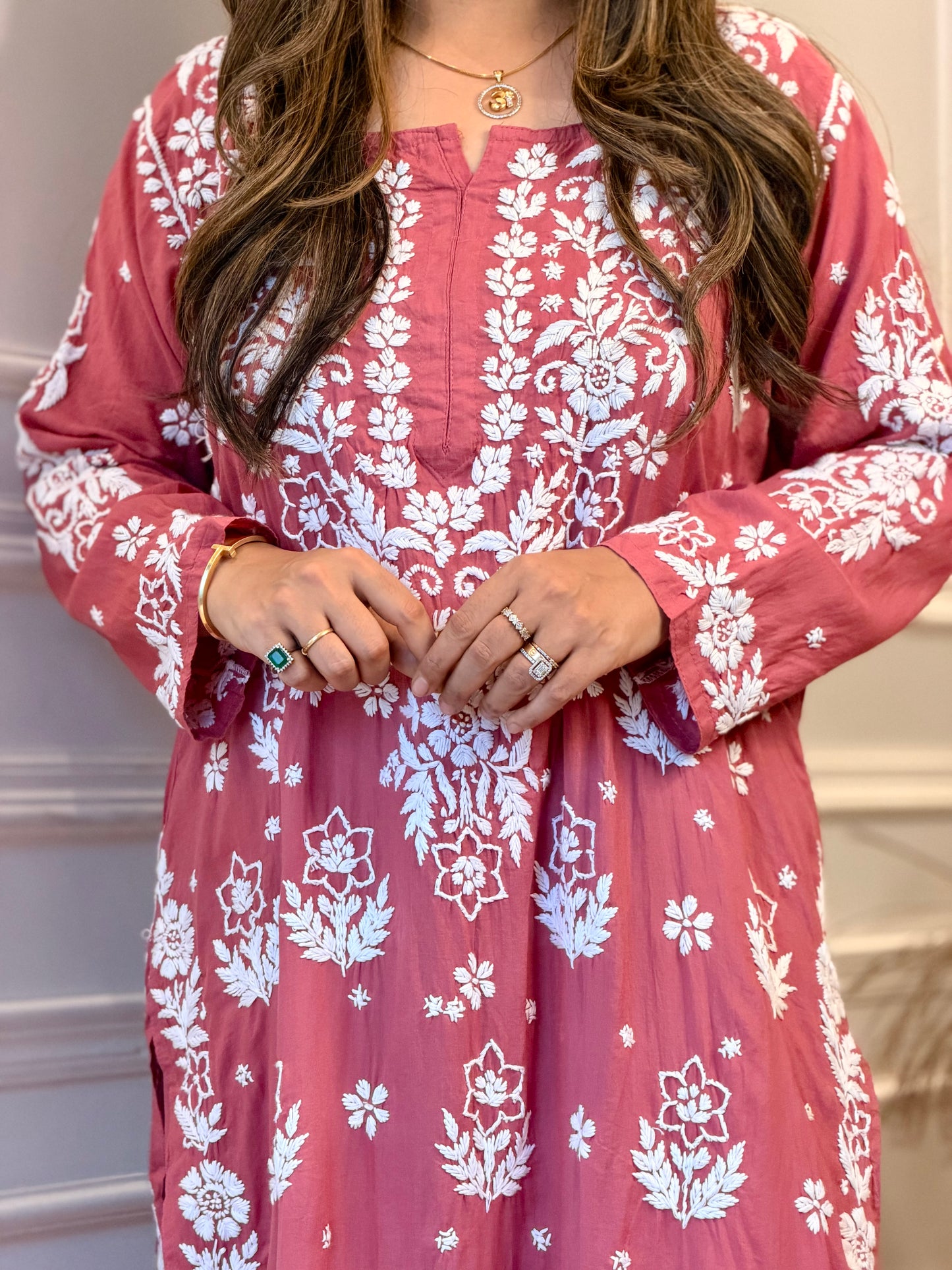 Hand embroidered 3D Chikankari Kurta set | Premium Modal| Dusty Rose