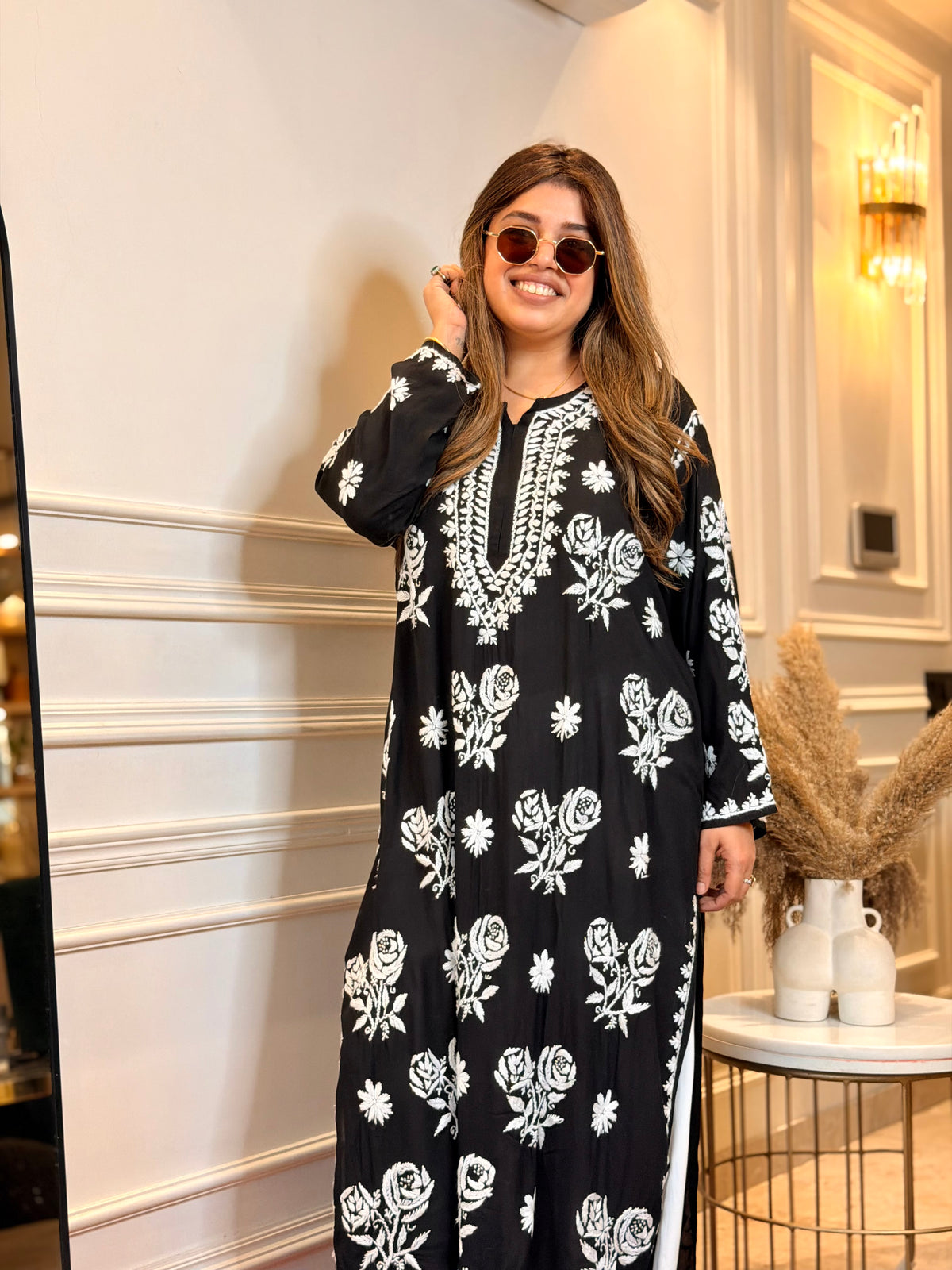 Hand Embroidered 3D Chikankari Kurta | Premium Modal | Black