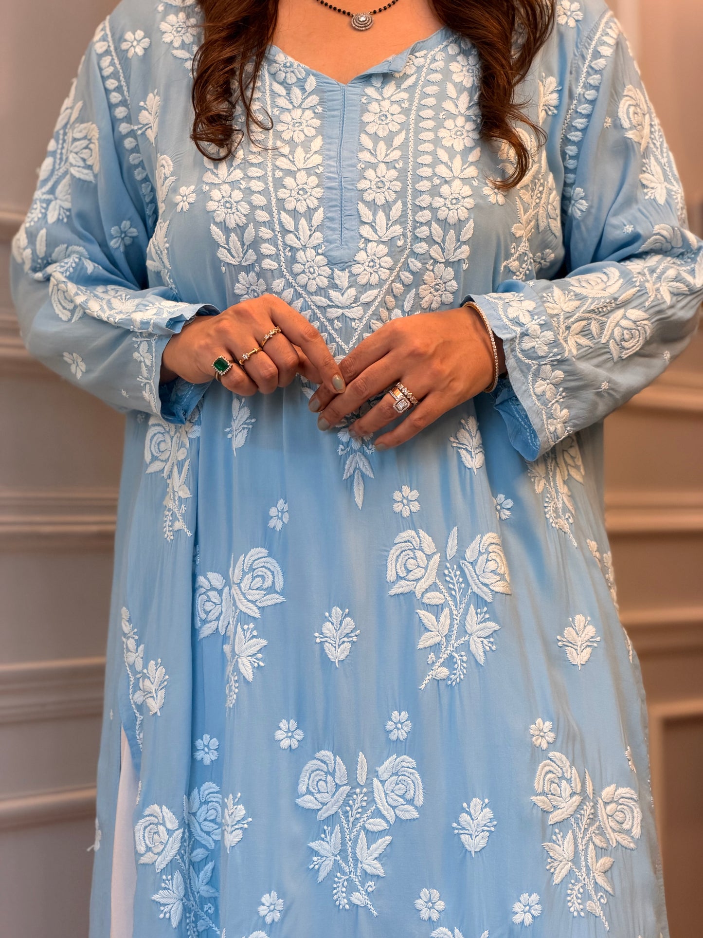 Hand Embroidered 6D Chikankari Kurta | Modal | Powder Blue
