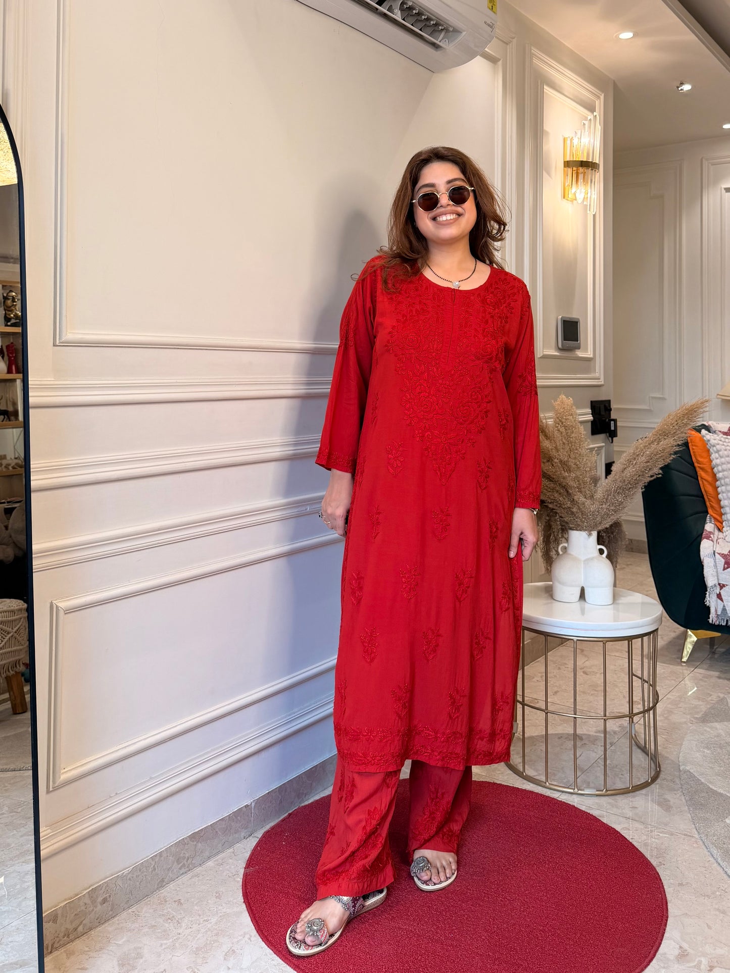 Hand Embroidered Chikankari Kurta Set - Red Colour